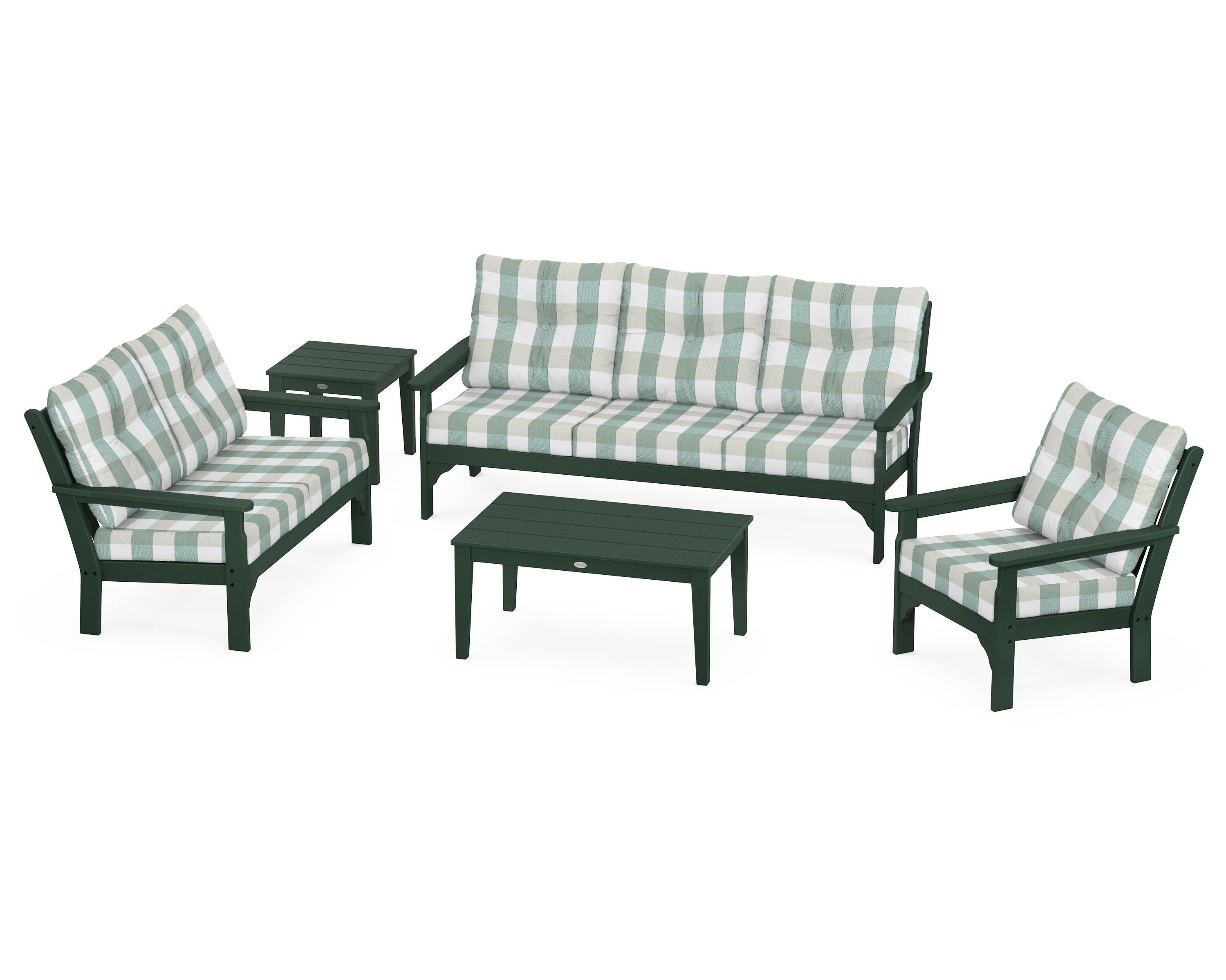 POLYWOOD® Vineyard 5 Piece Deep Seating Set in Green / Buffalo Plaid Glacier Spa