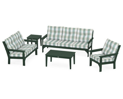 POLYWOOD® Vineyard 5 Piece Deep Seating Set in Green / Buffalo Plaid Glacier Spa