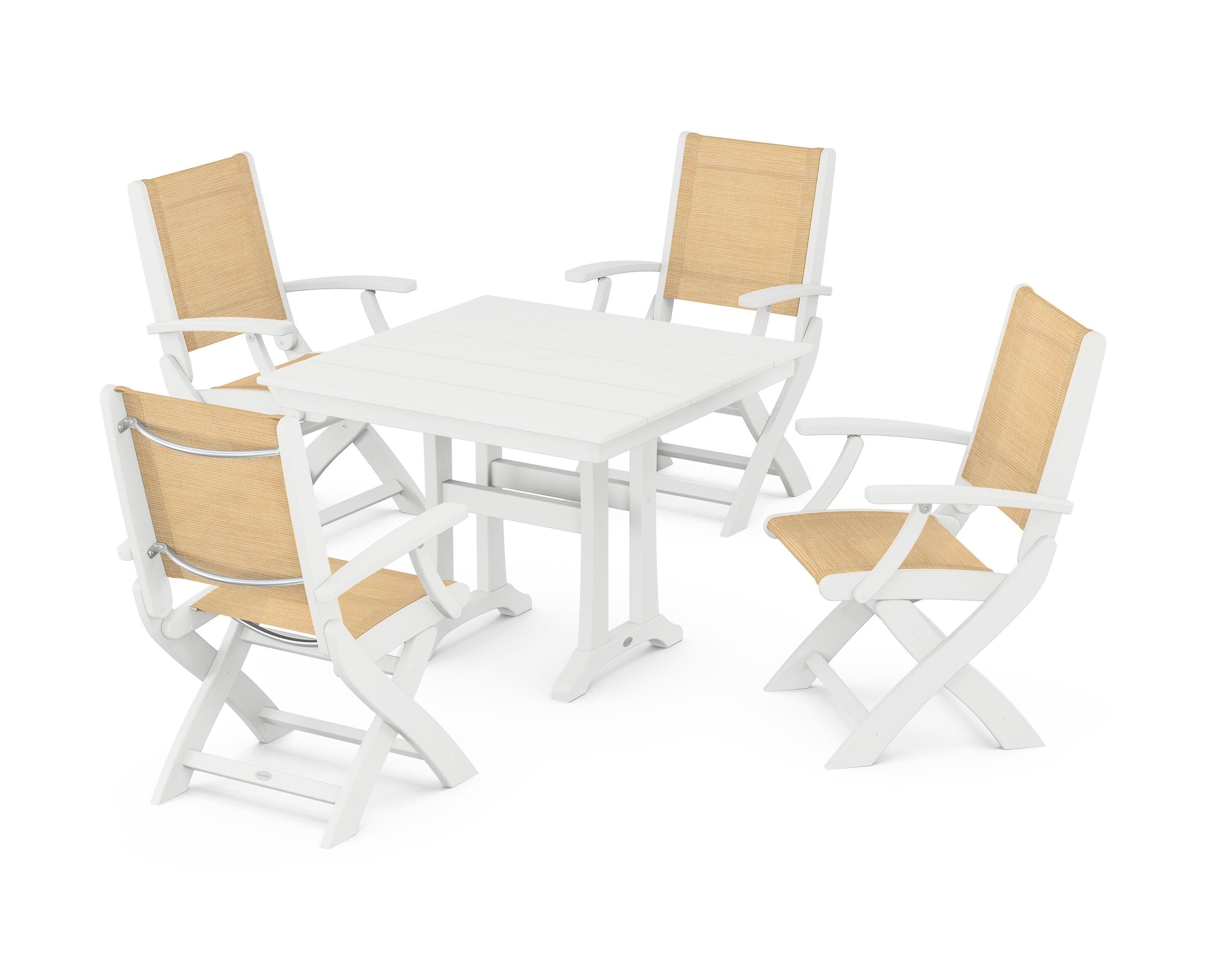 POLYWOOD® Coastal Folding Chair 5-Piece Farmhouse Dining Set With Trestle Legs in White / Dupioni Apricot Sling