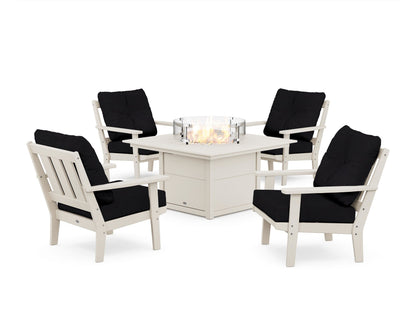 POLYWOOD® Oxford 5-Piece Deep Seating Set with Fire Pit Table in Sand / Midnight Linen