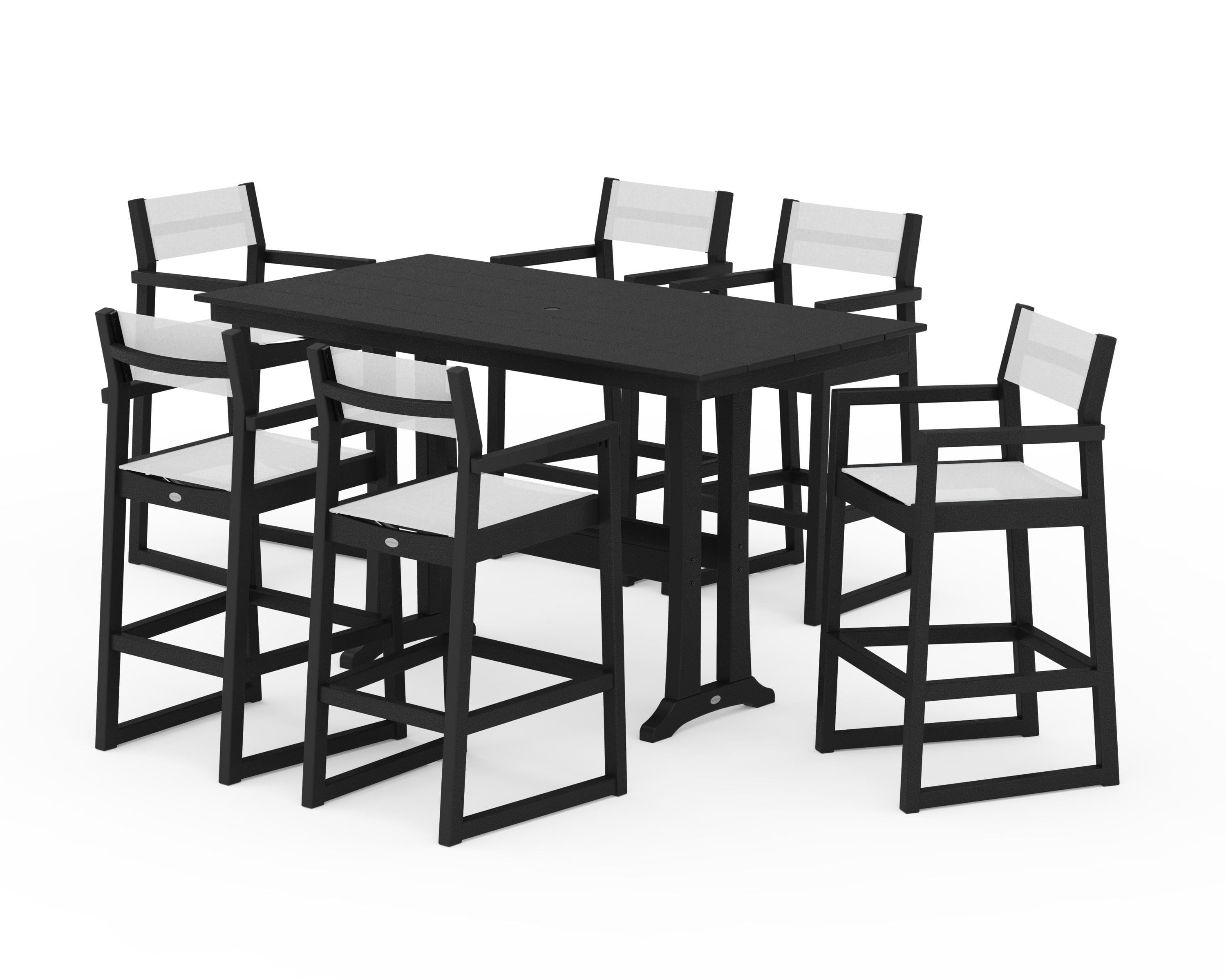POLYWOOD® EDGE Sling Arm Chair 7-Piece Farmhouse Bar Set with Trestle Legs in Black / White Sling