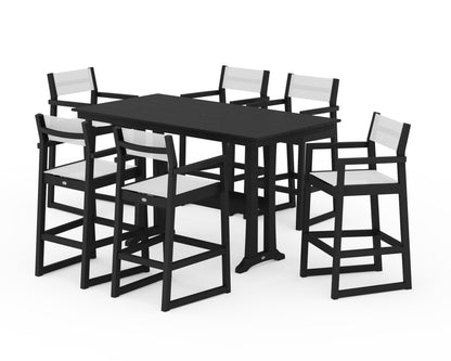 POLYWOOD® EDGE Sling Arm Chair 7-Piece Farmhouse Bar Set with Trestle Legs in Black / White Sling