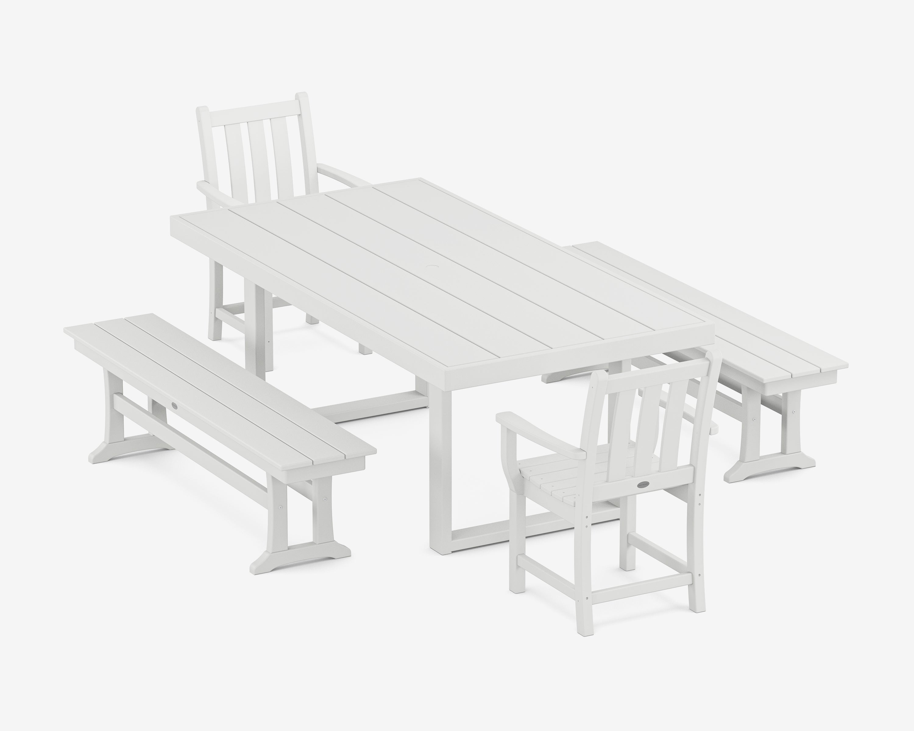 POLYWOOD® Traditional Garden 5-Piece Dining Set with Benches in White