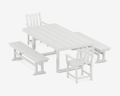 POLYWOOD® Traditional Garden 5-Piece Dining Set with Benches in White