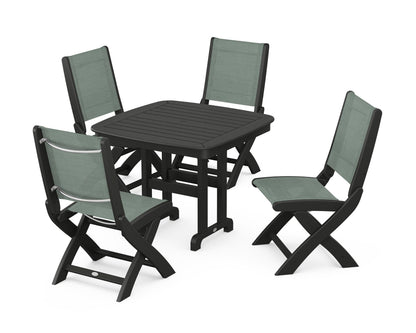 POLYWOOD® Coastal Folding Side Chair 5-Piece Dining Set in Black / Dupioni Sea Mist Sling