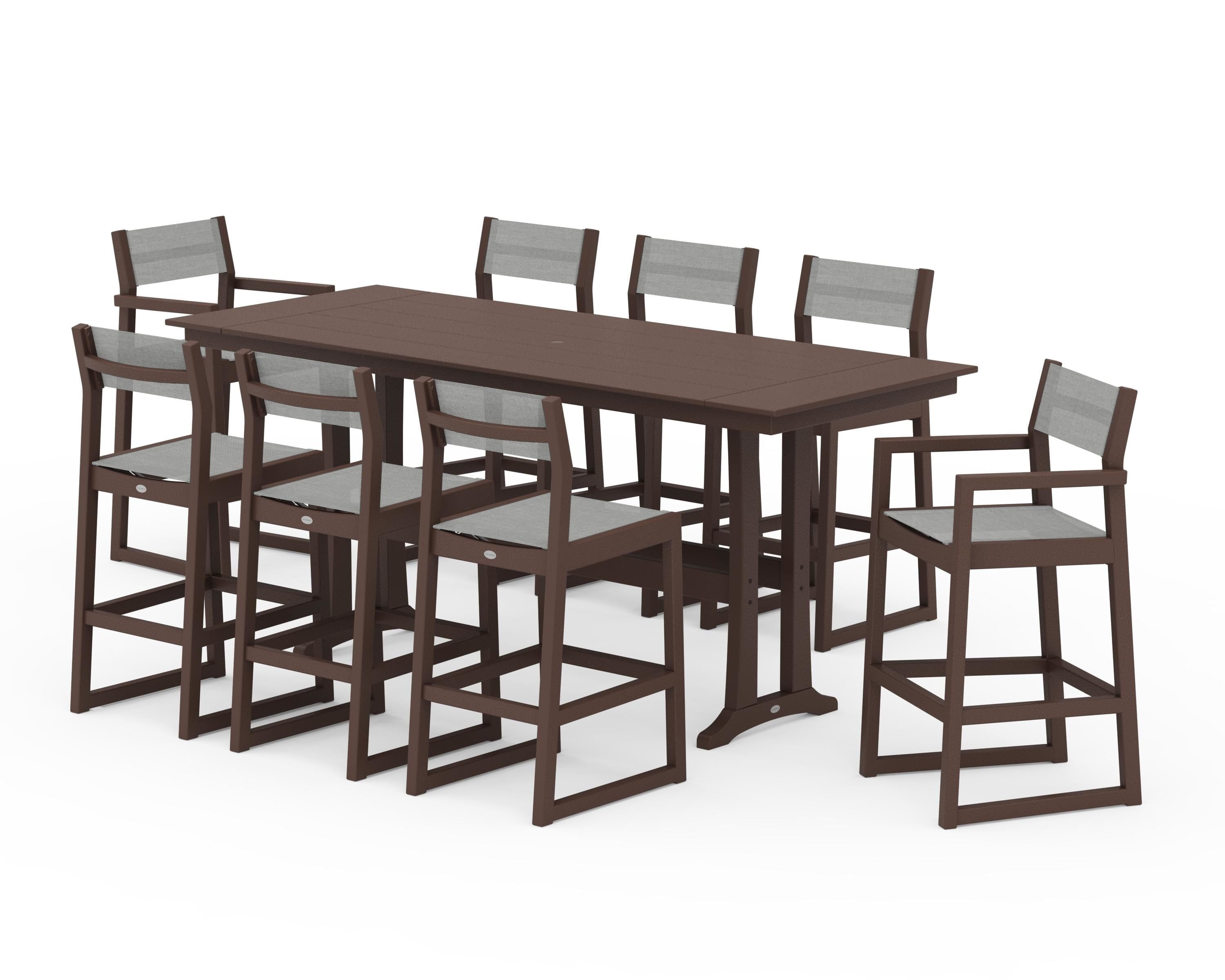 POLYWOOD® EDGE Sling 9-Piece Farmhouse Bar Set with Trestle Legs in Mahogany / Metallic Sling