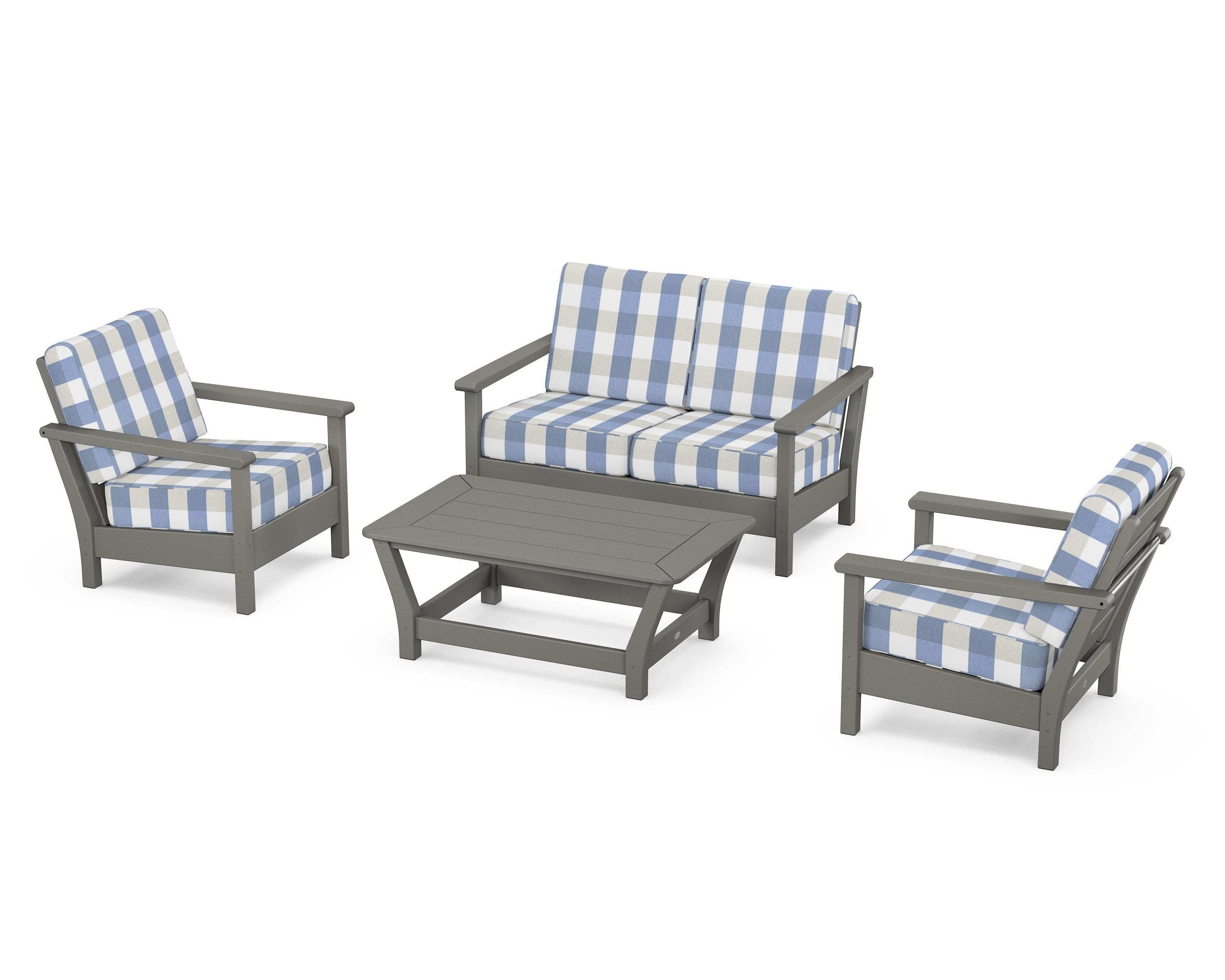 POLYWOOD® Harbour 4-Piece Deep Seating Set in Slate Grey / Buffalo Plaid Sky Blue