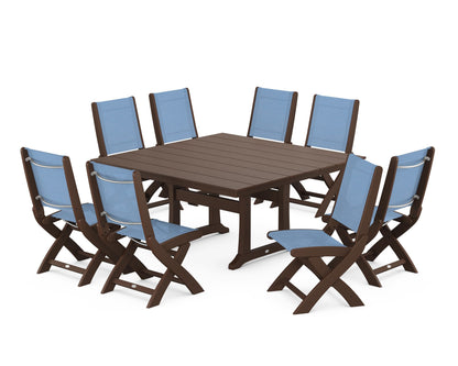 POLYWOOD® Coastal Folding Side Chair 9-Piece Farmhouse Dining Set in Mahogany / Poolside Sling