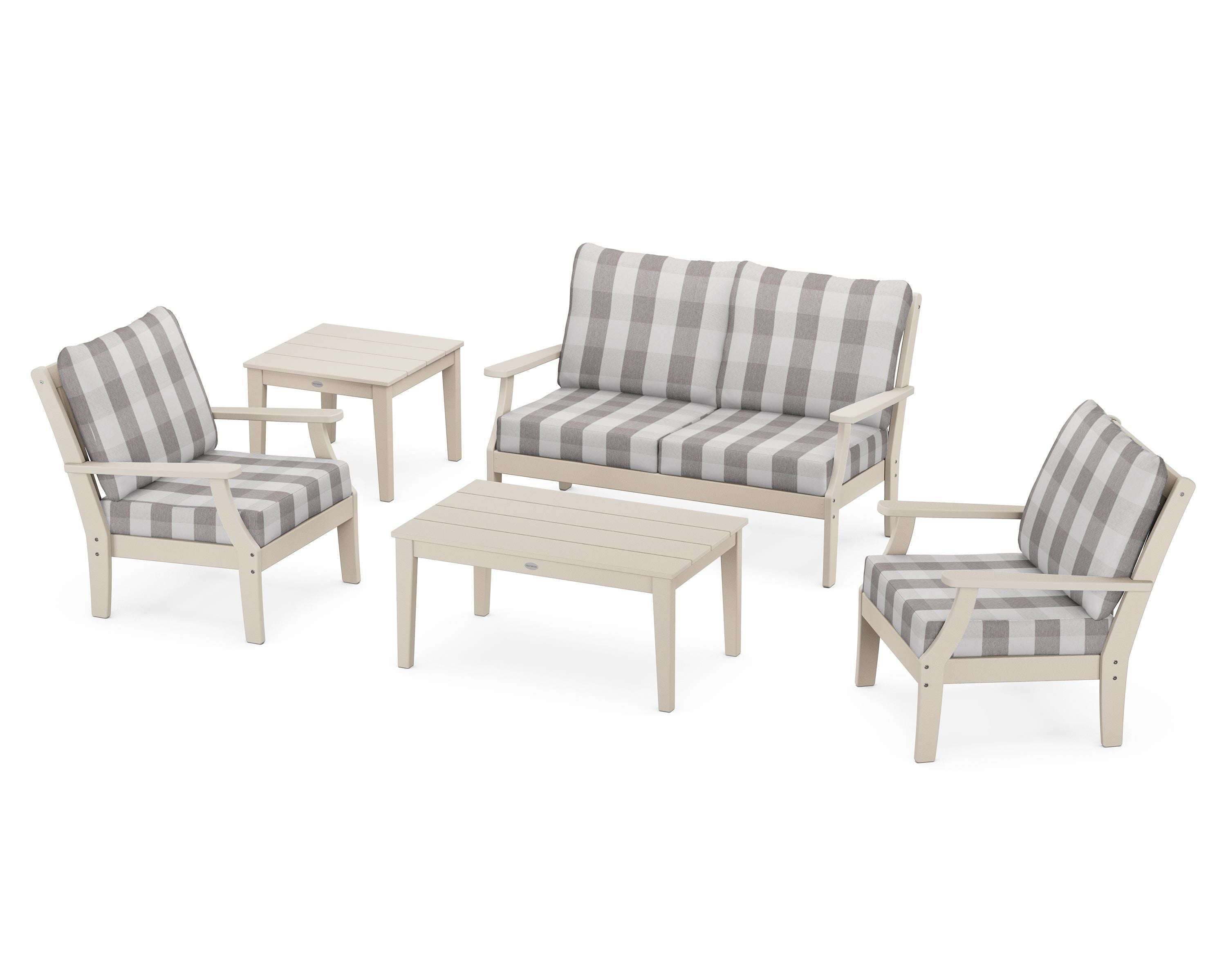 POLYWOOD® Braxton 5-Piece Deep Seating Set in Sand / Buffalo Plaid Grey Mist