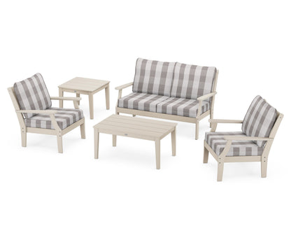 POLYWOOD® Braxton 5-Piece Deep Seating Set in Sand / Buffalo Plaid Grey Mist