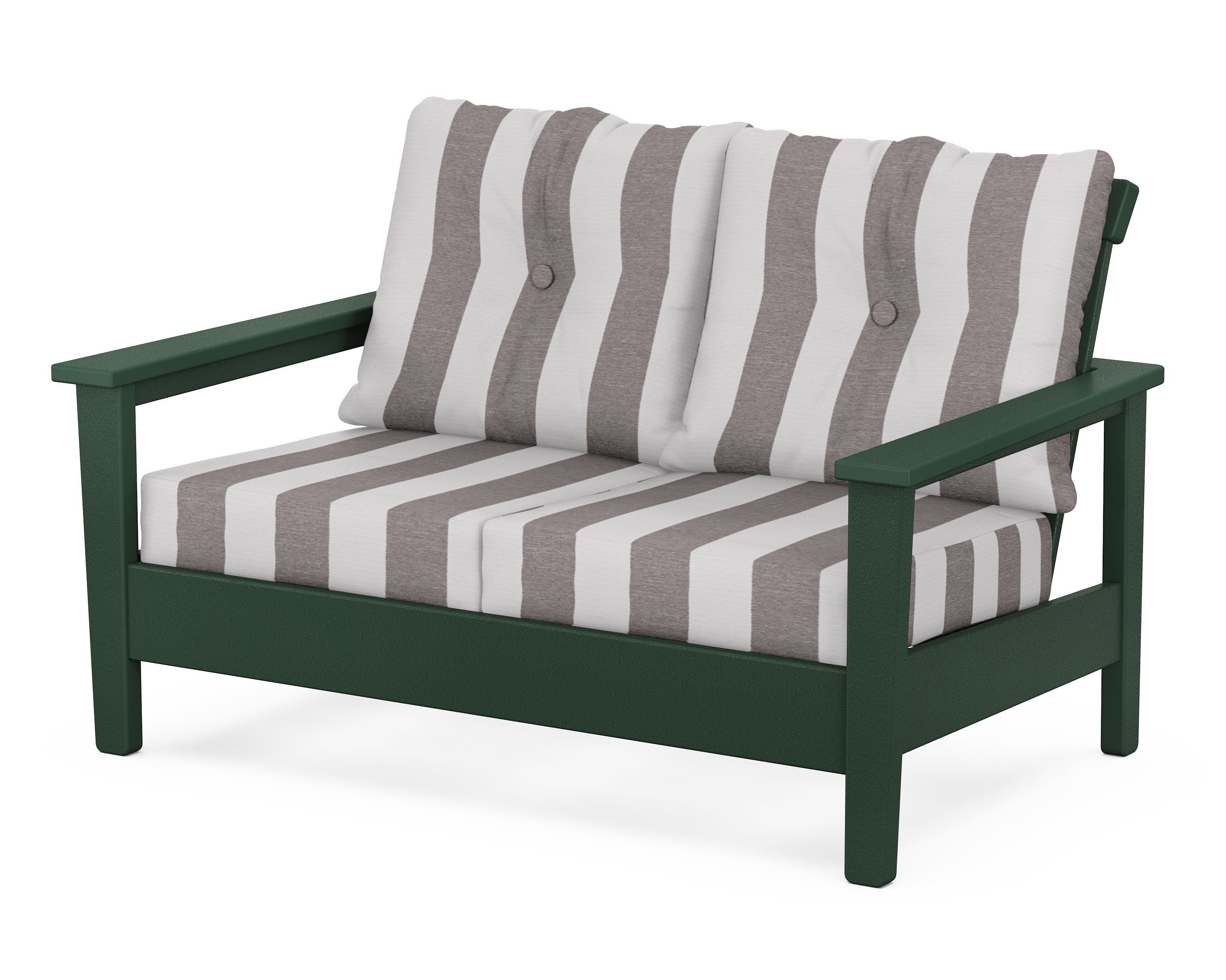 POLYWOOD® Prescott Deep Seating Loveseat in Green / Cabana Stripe Grey Mist