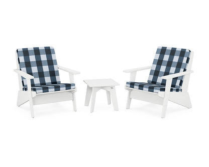POLYWOOD® Riviera Modern Lounge 3-Piece Set in White / Buffalo Plaid Marine Indigo