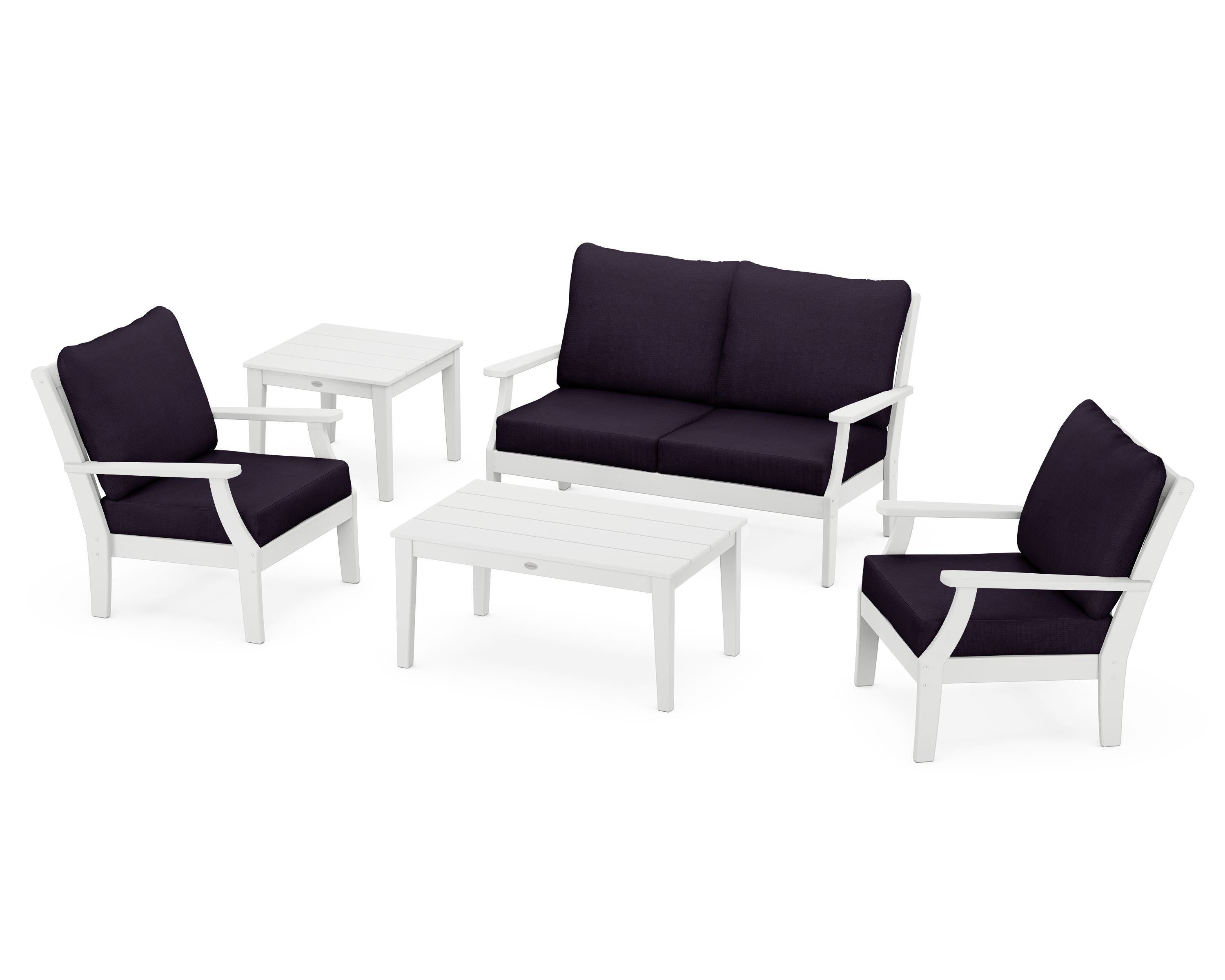 POLYWOOD® Braxton 5-Piece Deep Seating Set in White / Navy Linen