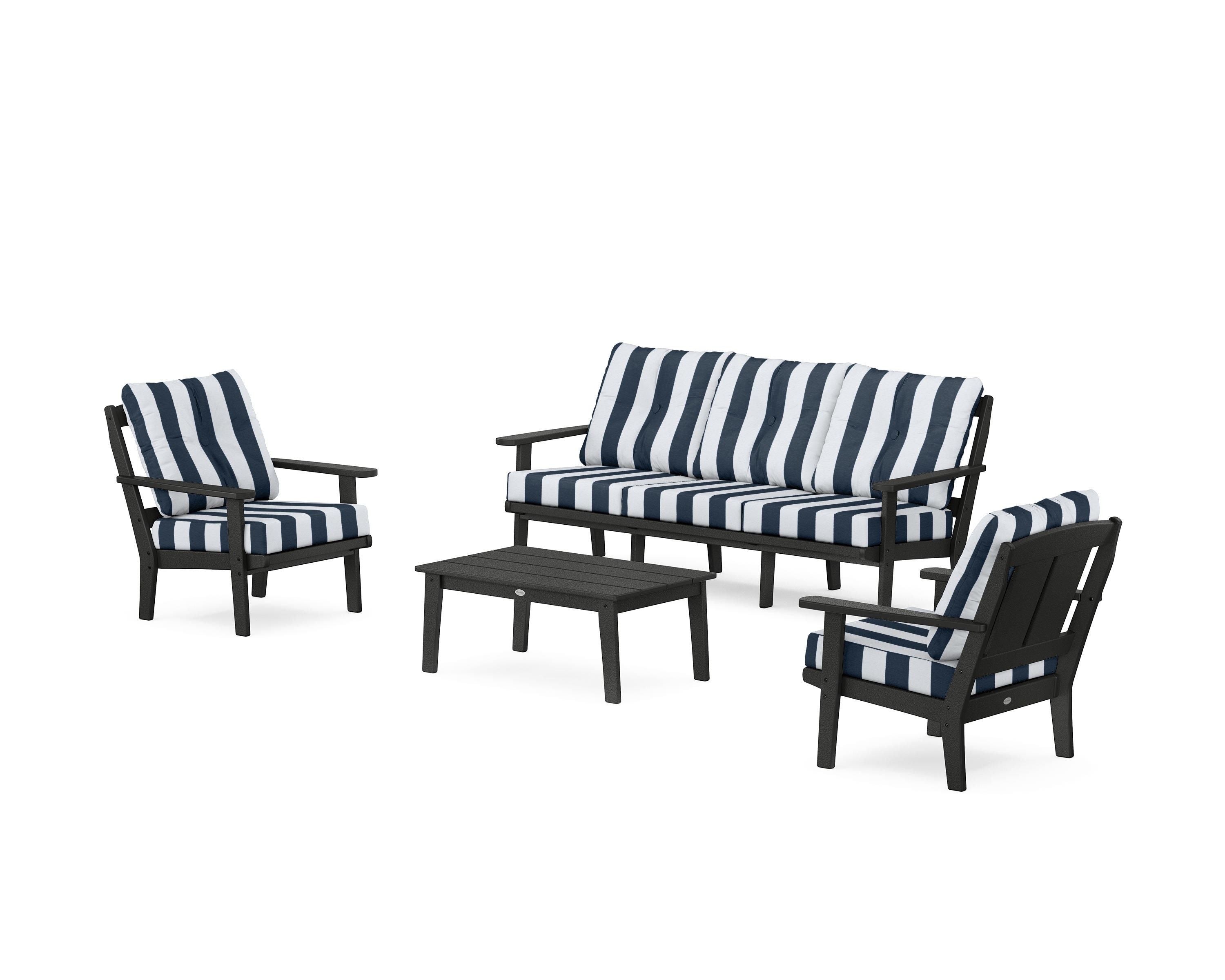POLYWOOD® Mission 4-Piece Deep Seating Set with Sofa in Black / Cabana Stripe Marine Indigo