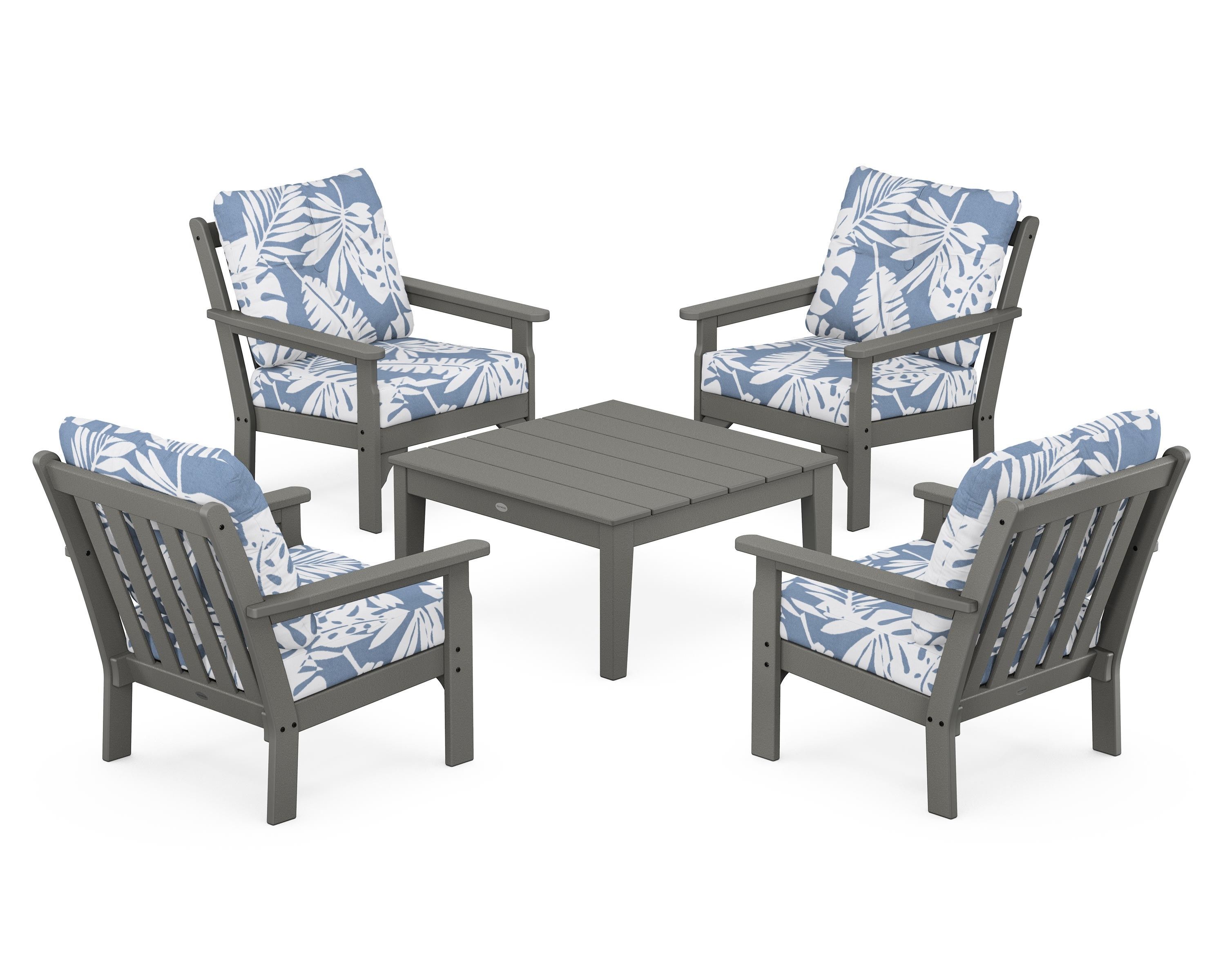 POLYWOOD® Vineyard 5-Piece Deep Seating Conversation Set in Slate Grey / Leaf Sky Blue