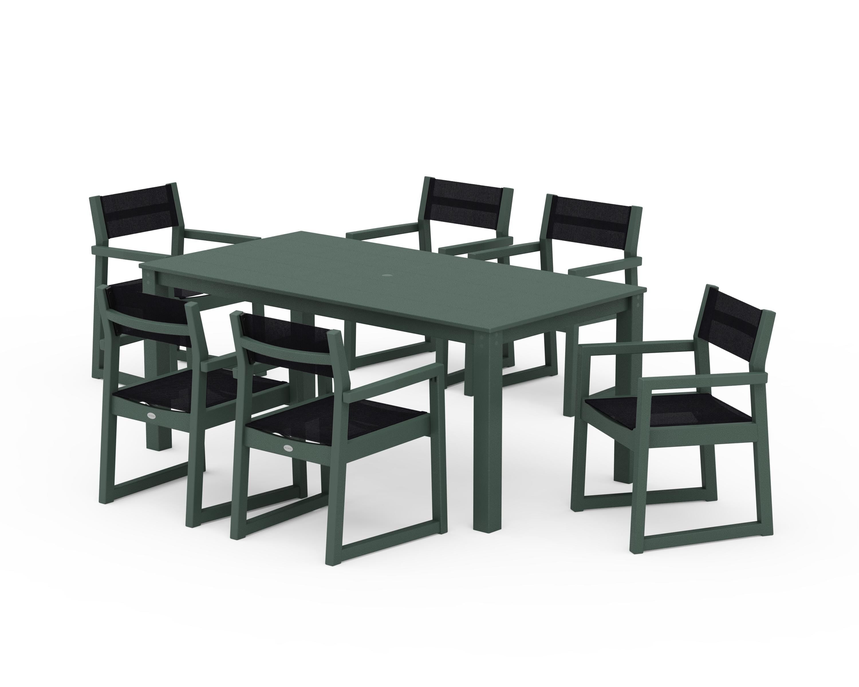 POLYWOOD® EDGE Sling Arm Chair 7-Piece Parsons Dining Set in Green / Black Sling