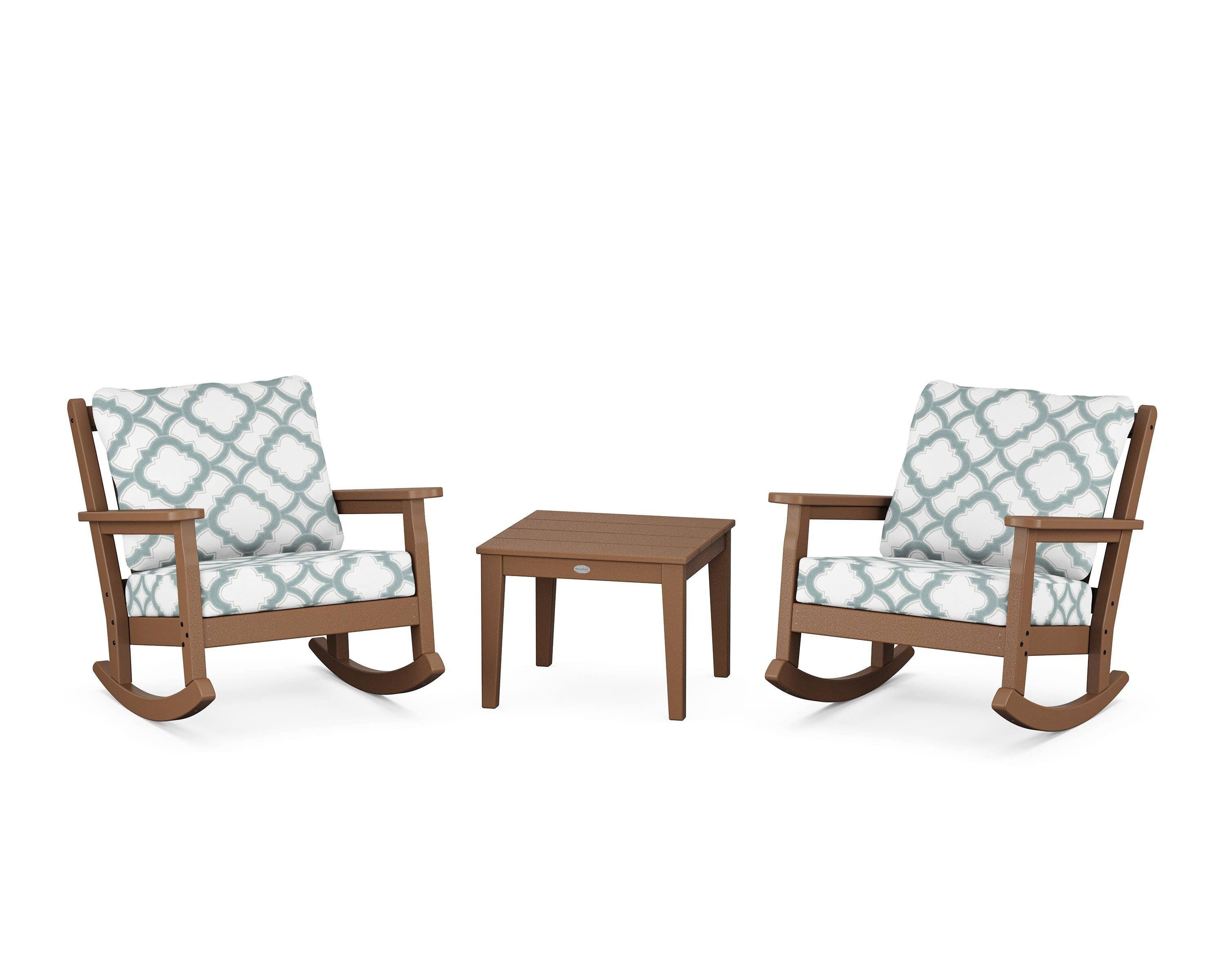 POLYWOOD® Chippendale 3-Piece Deep Seating Rocker Set in Teak / Trellis Glacier Spa