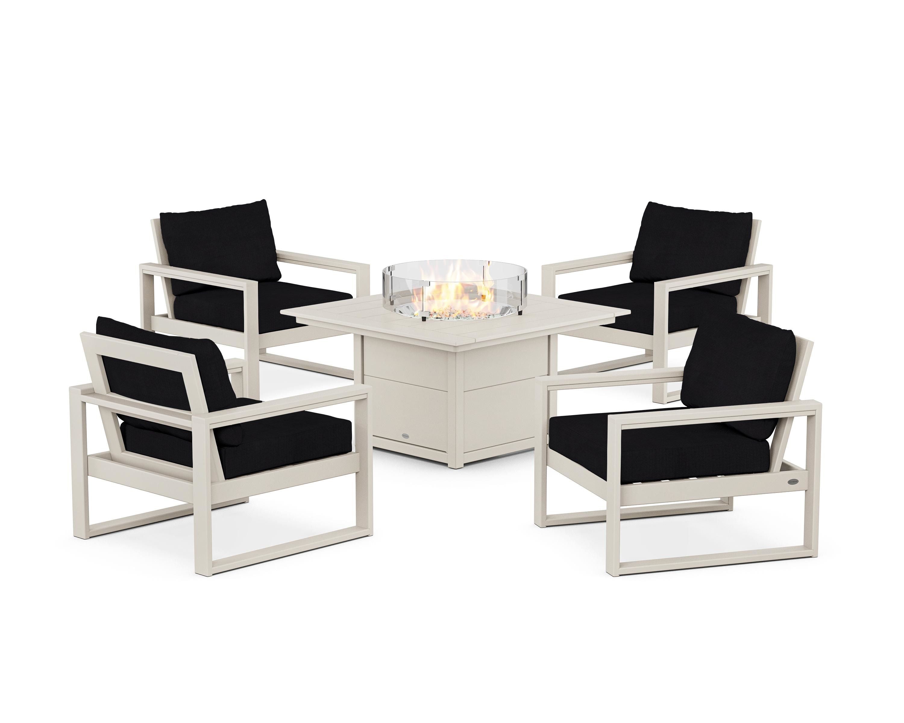 POLYWOOD® EDGE Sectional 5-Piece Deep Seating Set with Fire Pit Table in Sand / Midnight Linen