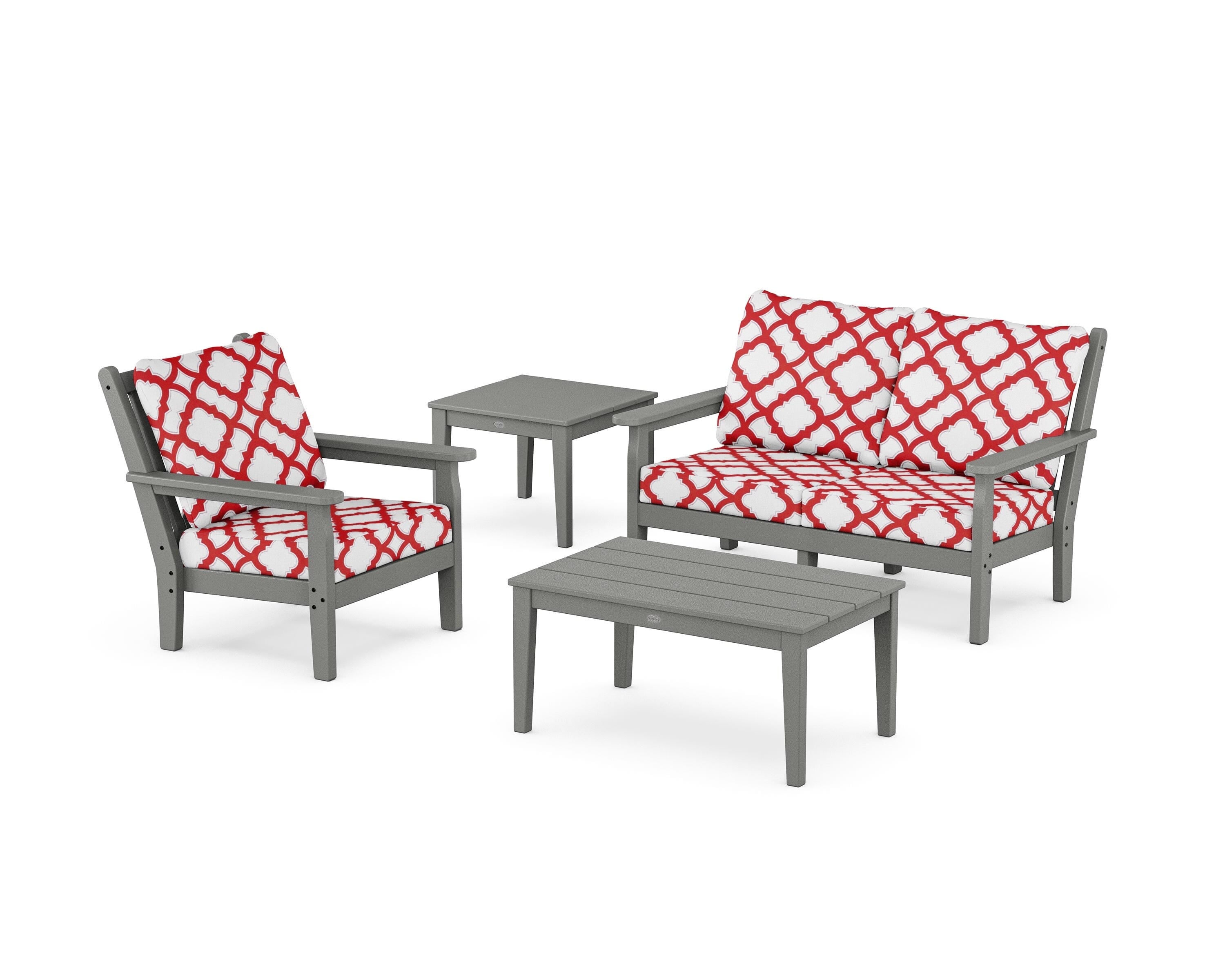 POLYWOOD® Chippendale 4-Piece Deep Seating Set in Slate Grey / Trellis Crimson