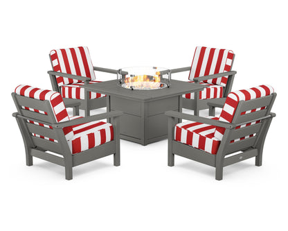 POLYWOOD® Harbour 5-Piece Conversation Set with Fire Pit Table in Slate Grey / Cabana Stripe Crimson