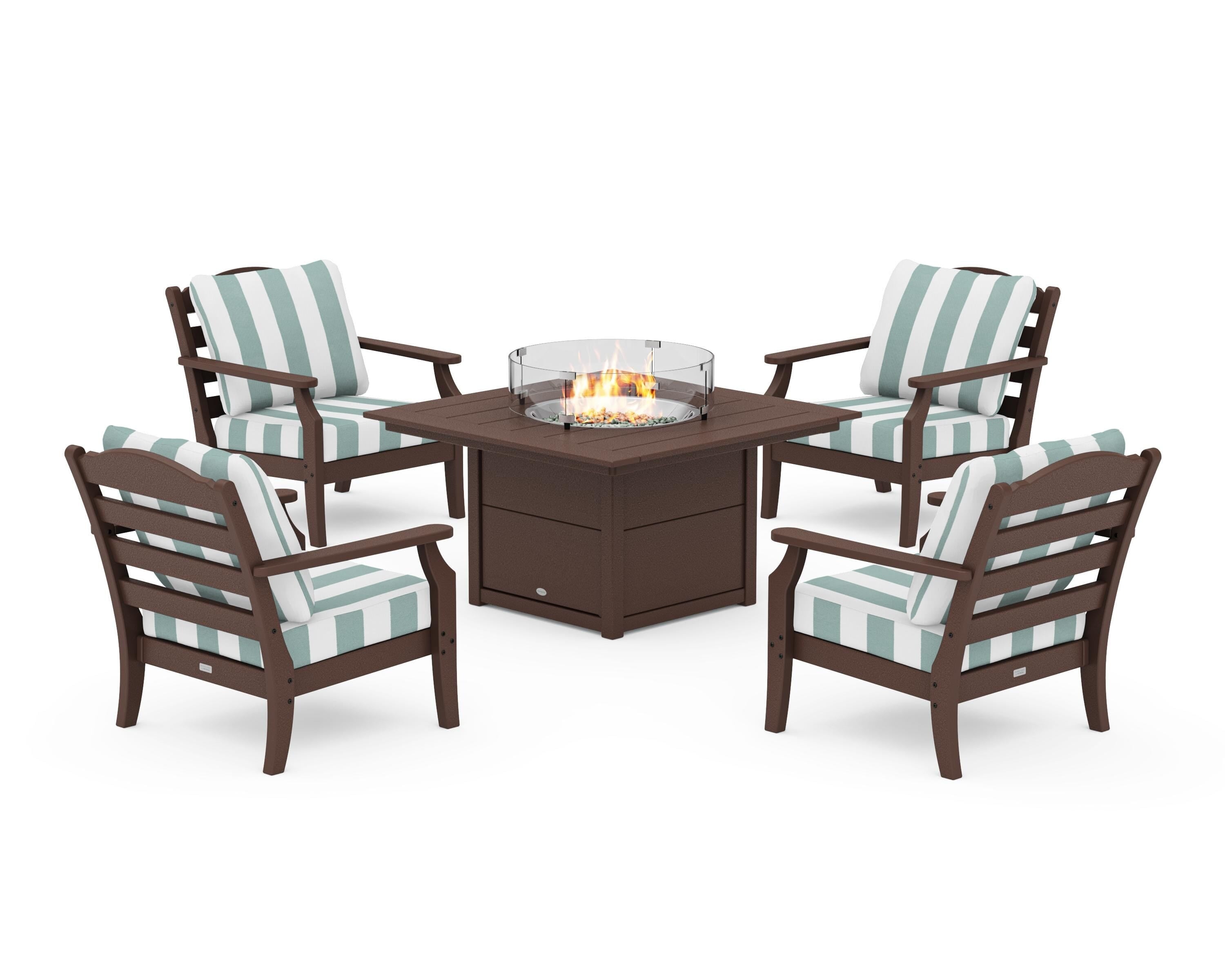 Draper James™ by  POLYWOOD® Savannah 5-Piece Deep Seating Set with Fire Pit Table in Mahogany / Cabana Stripe Glacier Spa
