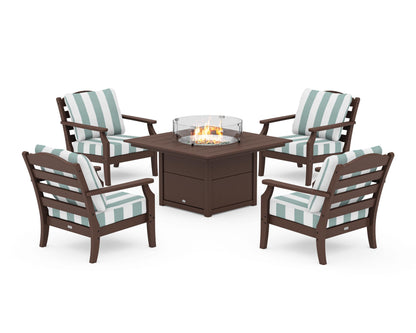Draper James™ by  POLYWOOD® Savannah 5-Piece Deep Seating Set with Fire Pit Table in Mahogany / Cabana Stripe Glacier Spa