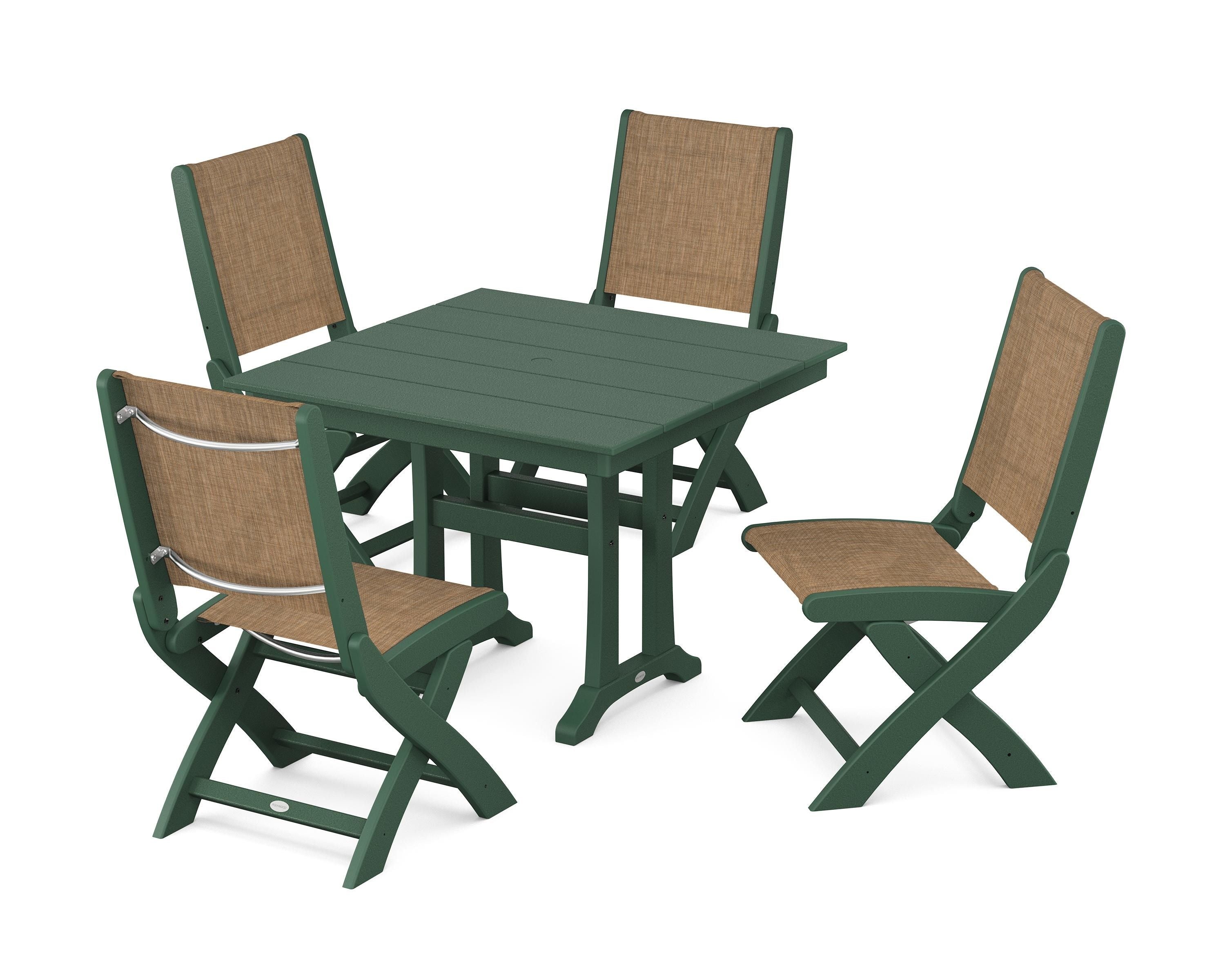POLYWOOD® Coastal Folding Side Chair 5-Piece Farmhouse Dining Set With Trestle Legs in Green / Burlap Sling