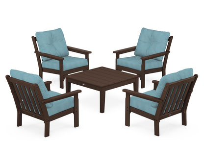 POLYWOOD® Vineyard 5-Piece Deep Seating Conversation Set in Mahogany / Lattice Sky Blue