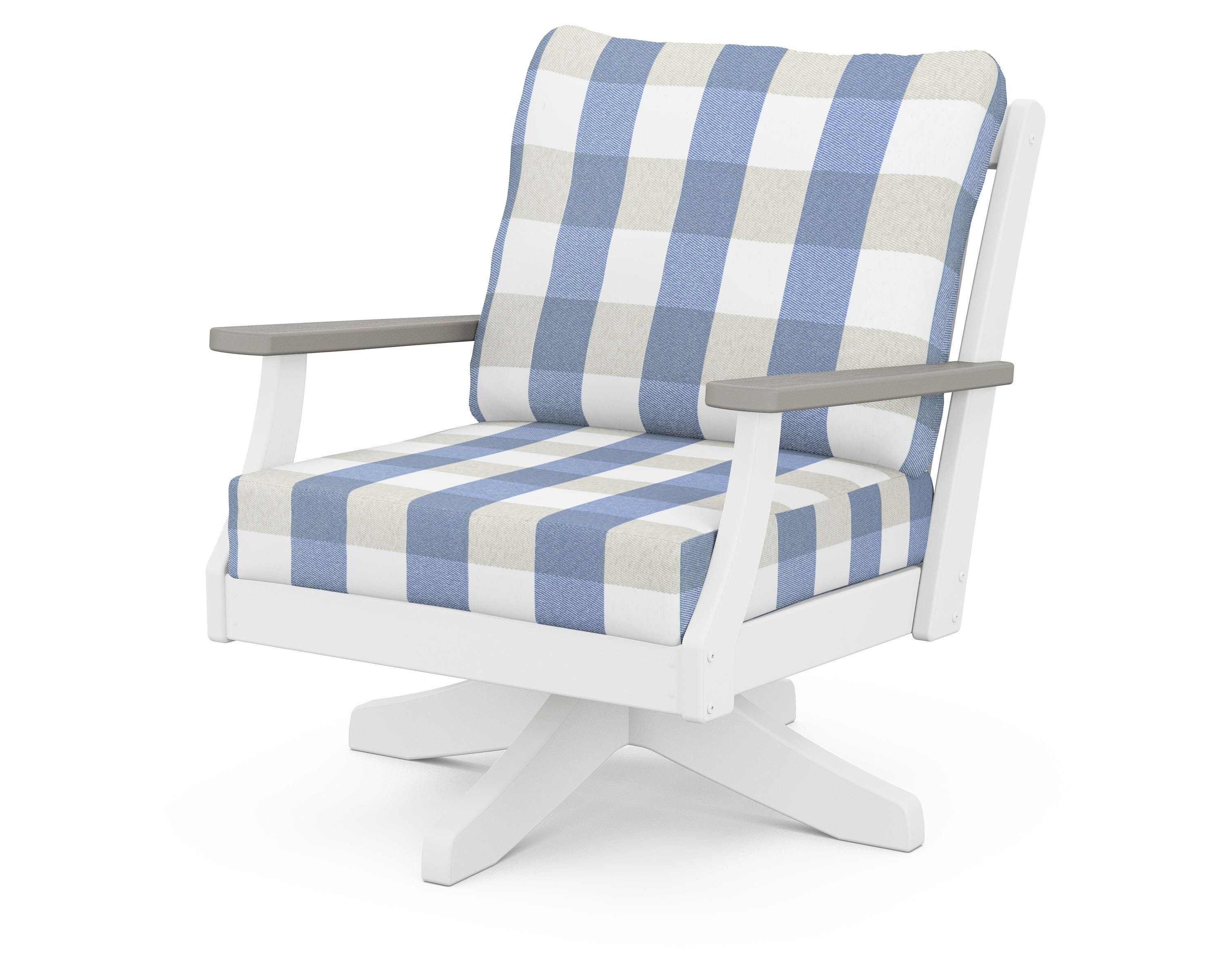 POLYWOOD® Braxton Deep Seating Swivel Chair in White / Driftwood / Buffalo Plaid Sky Blue