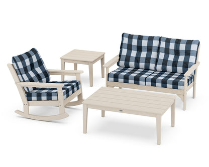POLYWOOD® Vineyard 4-Piece Deep Seating Rocker Set in Sand / Buffalo Plaid Marine Indigo