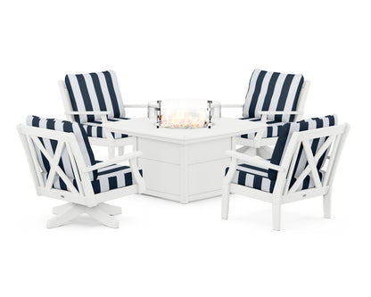 POLYWOOD® Braxton 5-Piece Deep Seating Set with Fire Table in White / Cabana Stripe Marine Indigo