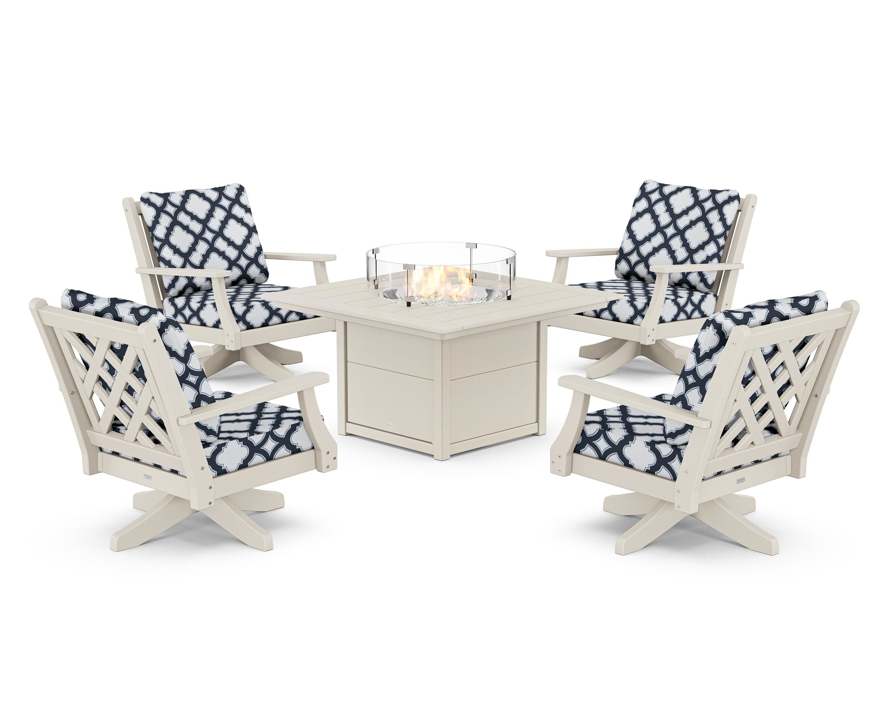 Country Living Wovendale 5-Piece Deep Seating Swivel Conversation Set with Fire Pit Table in Sand / Trellis Marine Indigo