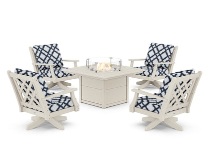 Country Living Wovendale 5-Piece Deep Seating Swivel Conversation Set with Fire Pit Table in Sand / Trellis Marine Indigo