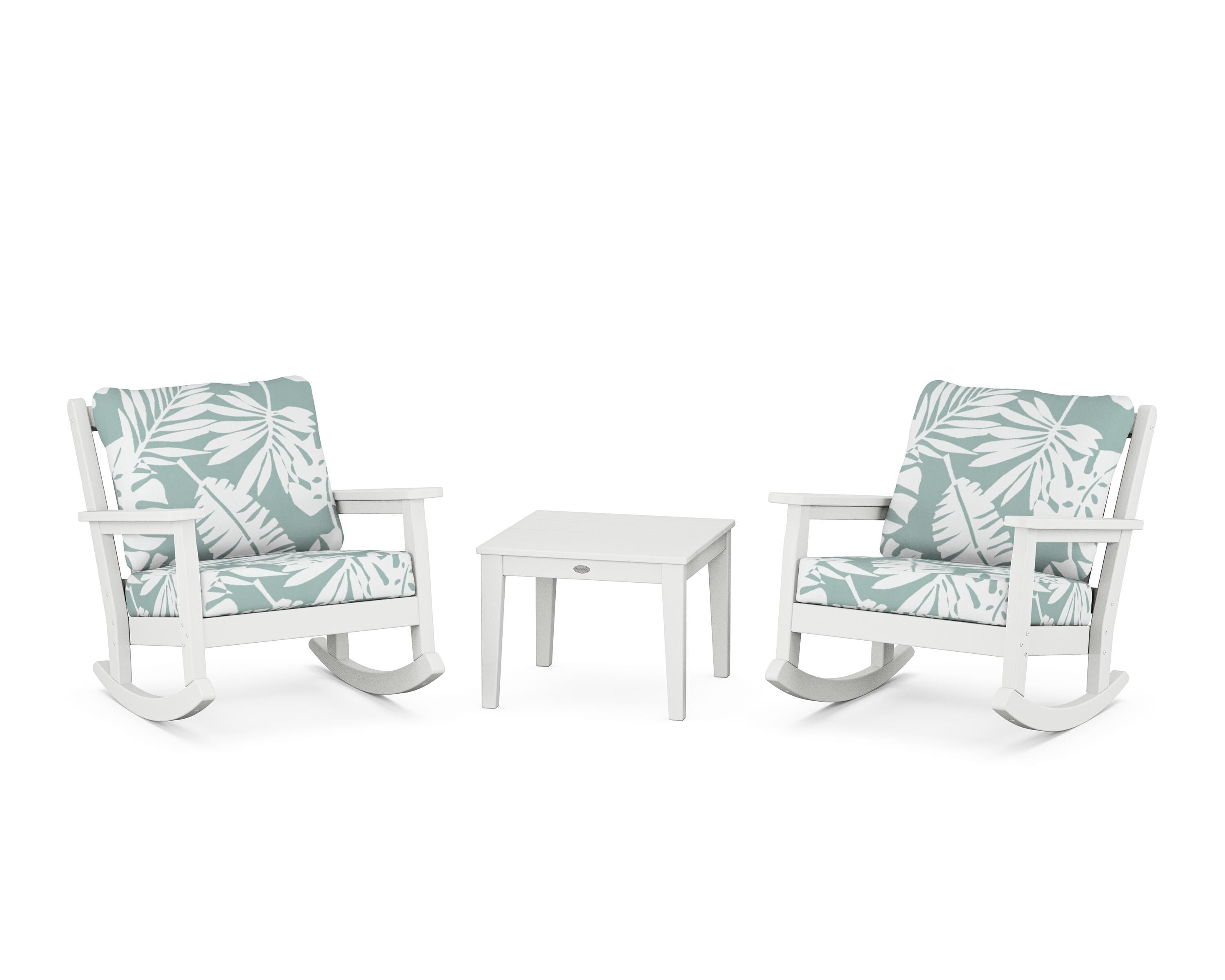 POLYWOOD® Chippendale 3-Piece Deep Seating Rocker Set in White / Leaf Glacier Spa
