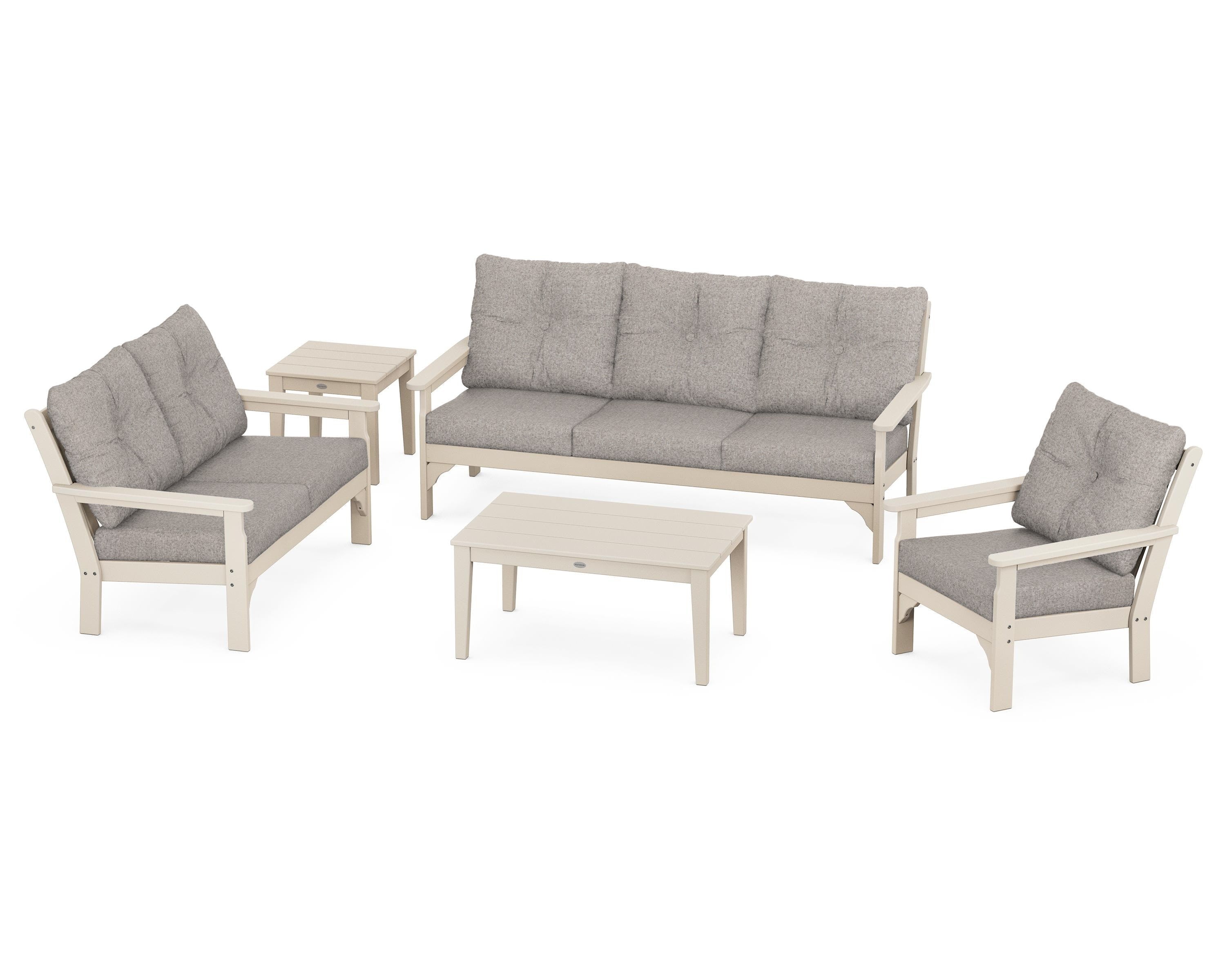 POLYWOOD® Vineyard 5 Piece Deep Seating Set in Sand / Weathered Tweed