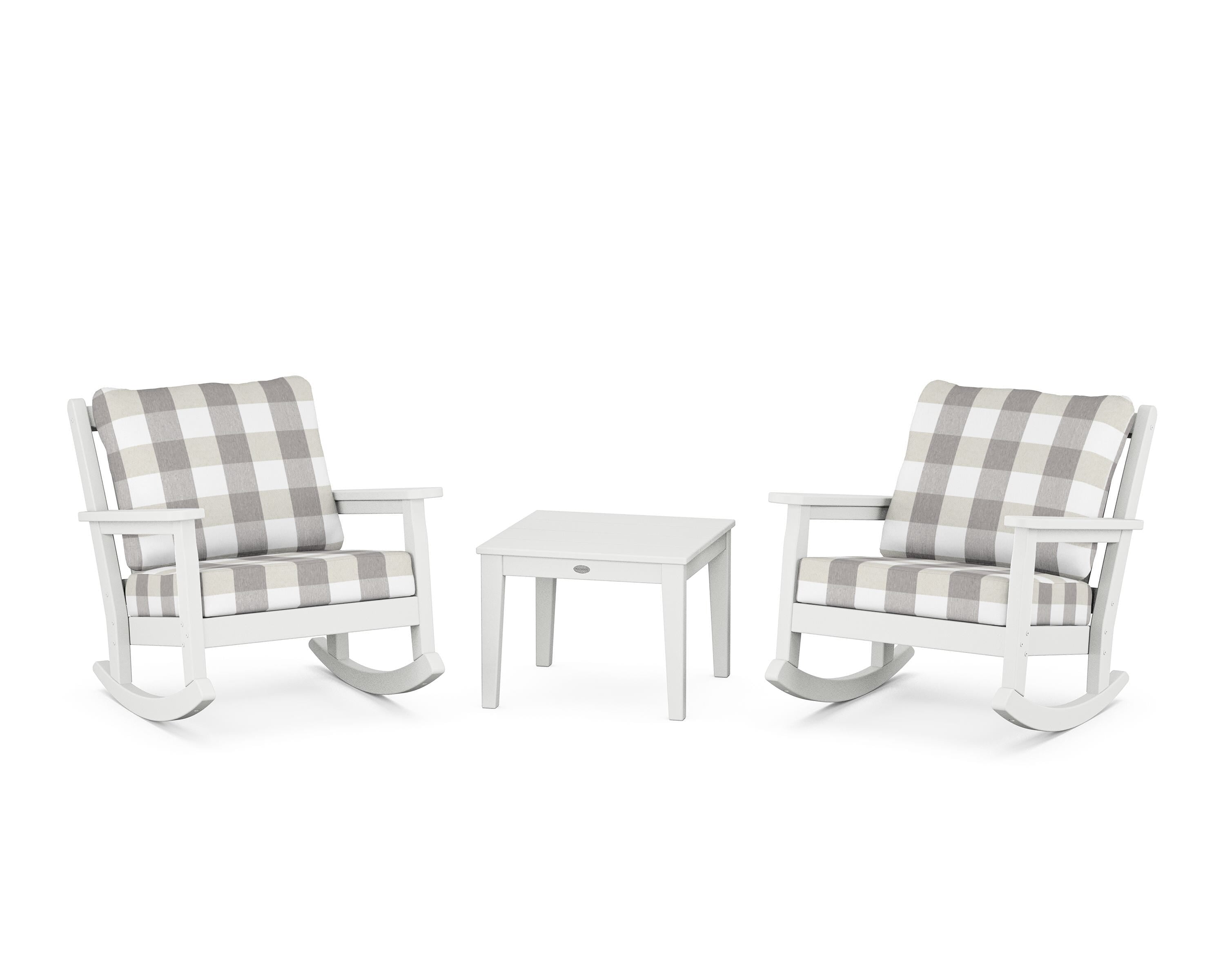 POLYWOOD® Chippendale 3-Piece Deep Seating Rocker Set in White / Buffalo Plaid Grey Mist