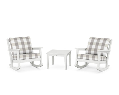 POLYWOOD® Chippendale 3-Piece Deep Seating Rocker Set in White / Buffalo Plaid Grey Mist