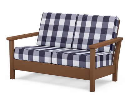 POLYWOOD® Harbour Deep Seating Loveseat in Teak / Buffalo Plaid Navy