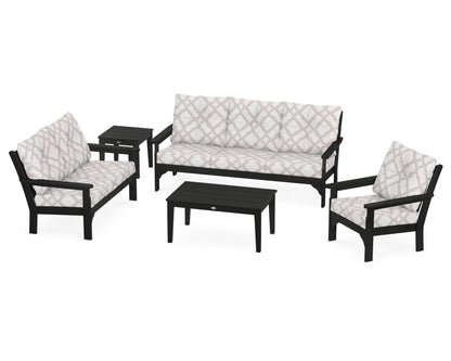 POLYWOOD® Vineyard 5 Piece Deep Seating Set in Black / Trellis Dune Burlap