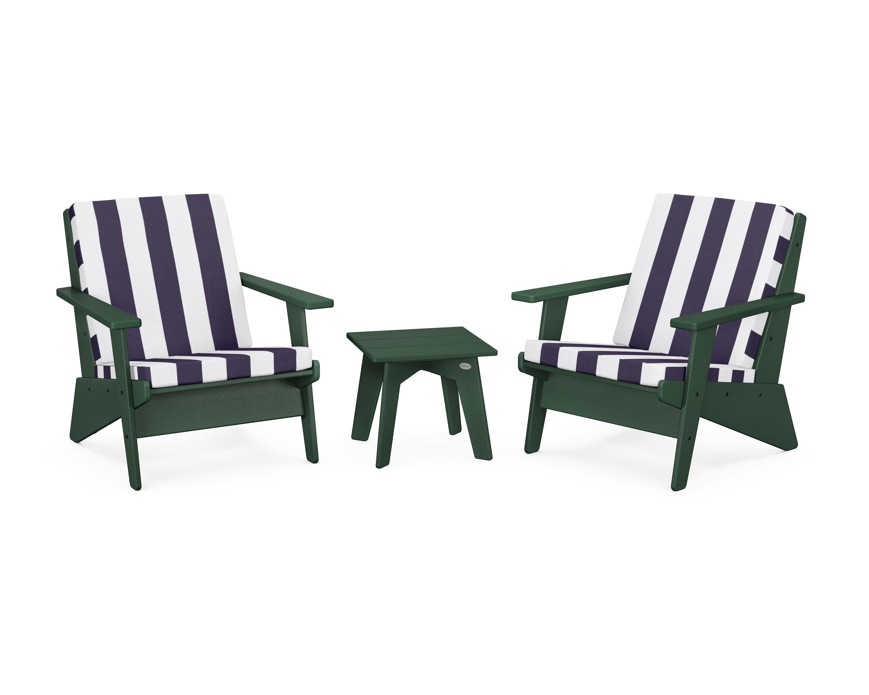 POLYWOOD® Riviera Modern Lounge 3-Piece Set in Green / Cabana Stripe Navy