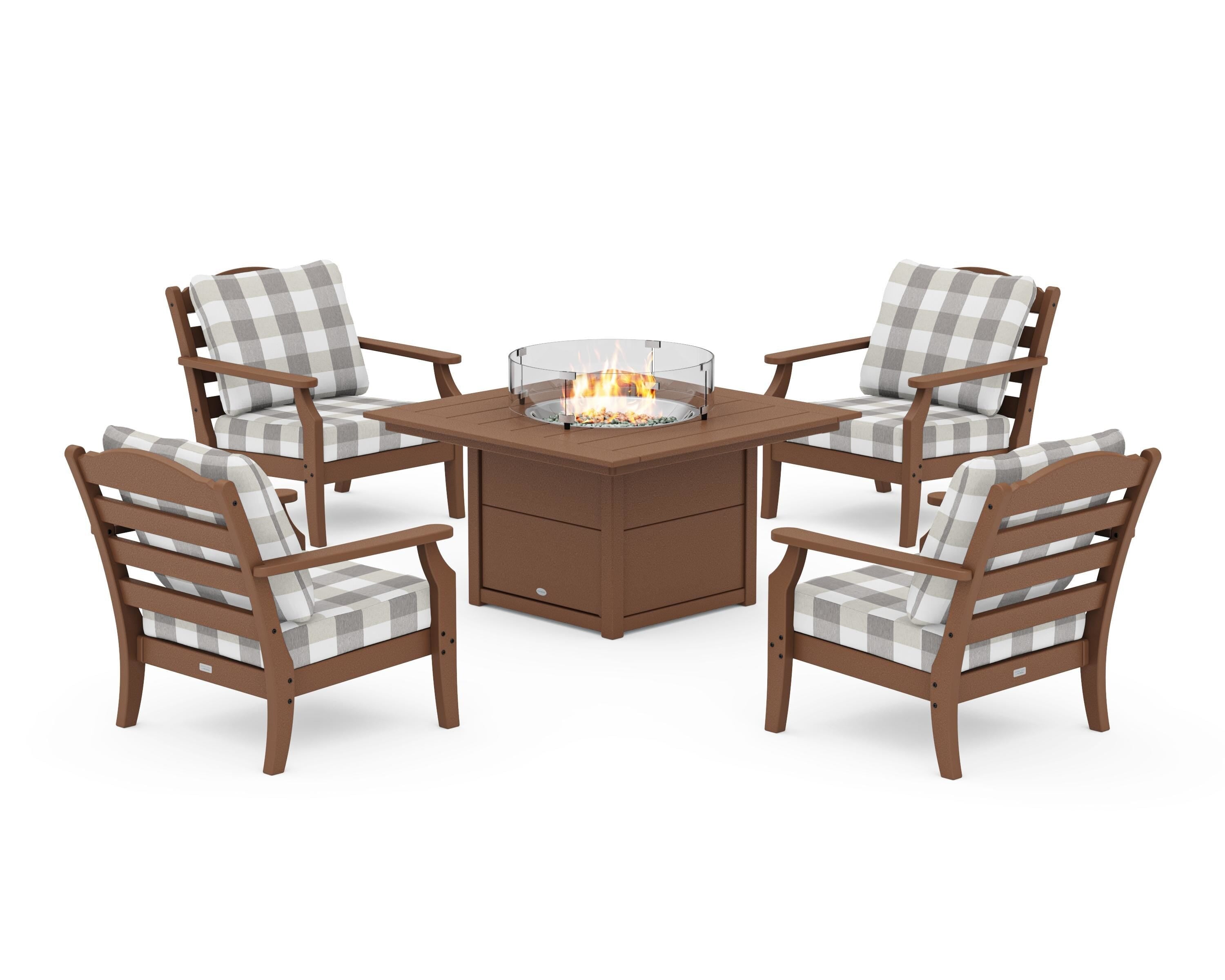 Draper James™ by  POLYWOOD® Savannah 5-Piece Deep Seating Set with Fire Pit Table in Teak / Buffalo Plaid Grey Mist