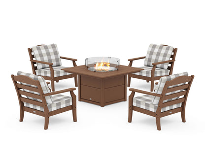 Draper James™ by  POLYWOOD® Savannah 5-Piece Deep Seating Set with Fire Pit Table in Teak / Buffalo Plaid Grey Mist