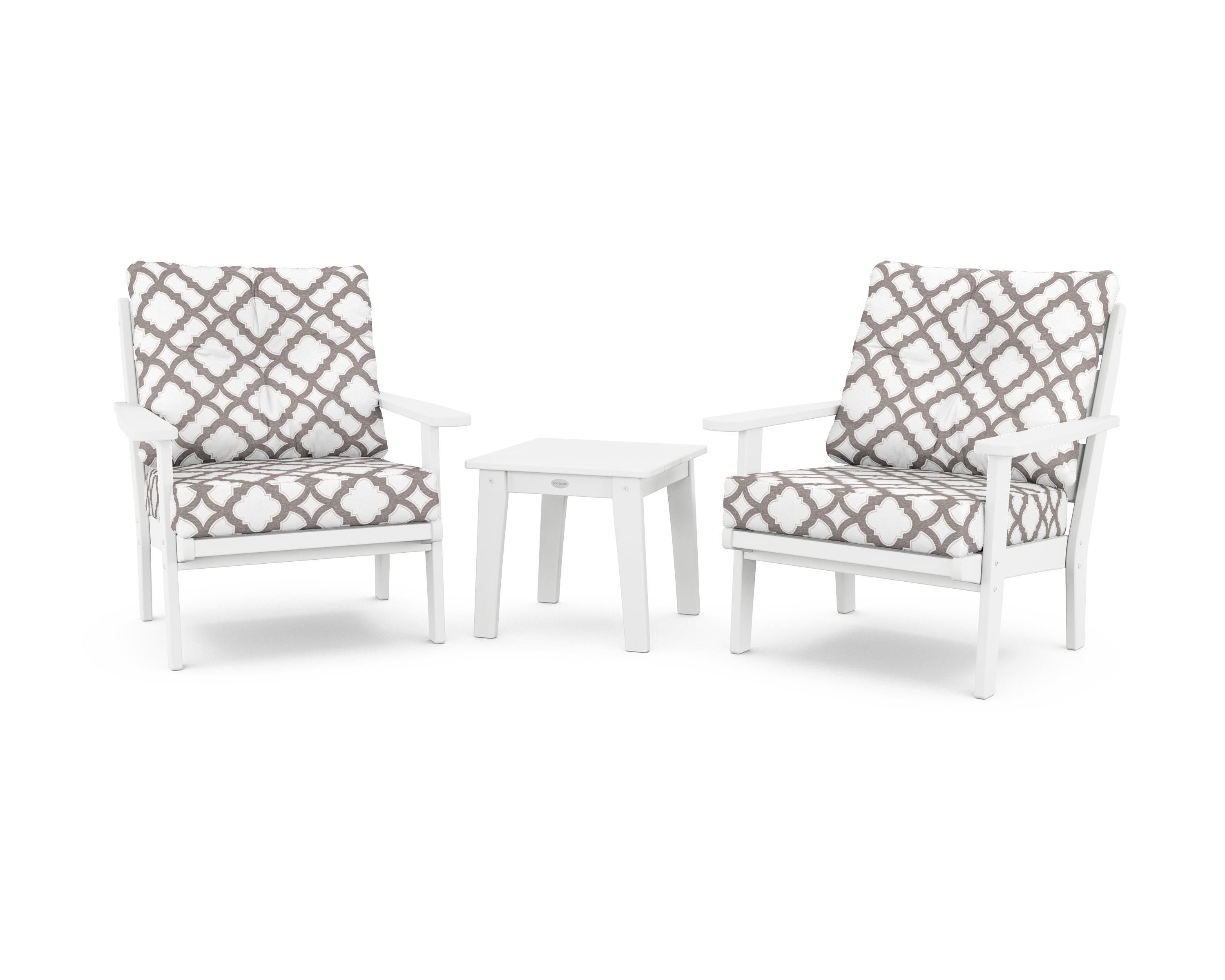 POLYWOOD® Lakeside 3-Piece Deep Seating Chair Set in White / Trellis Grey Mist