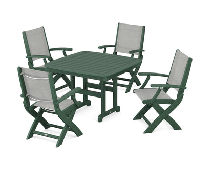 POLYWOOD® Coastal Folding Chair 5-Piece Dining Set in Green / Metallic Sling