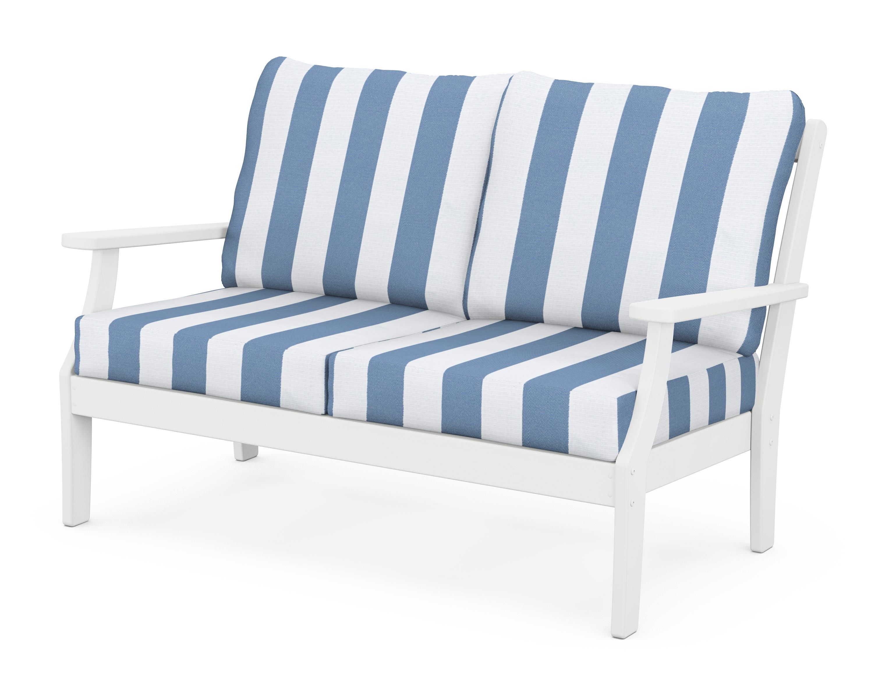 POLYWOOD® Braxton Deep Seating Loveseat in White / Cabana Stripe Sky Blue