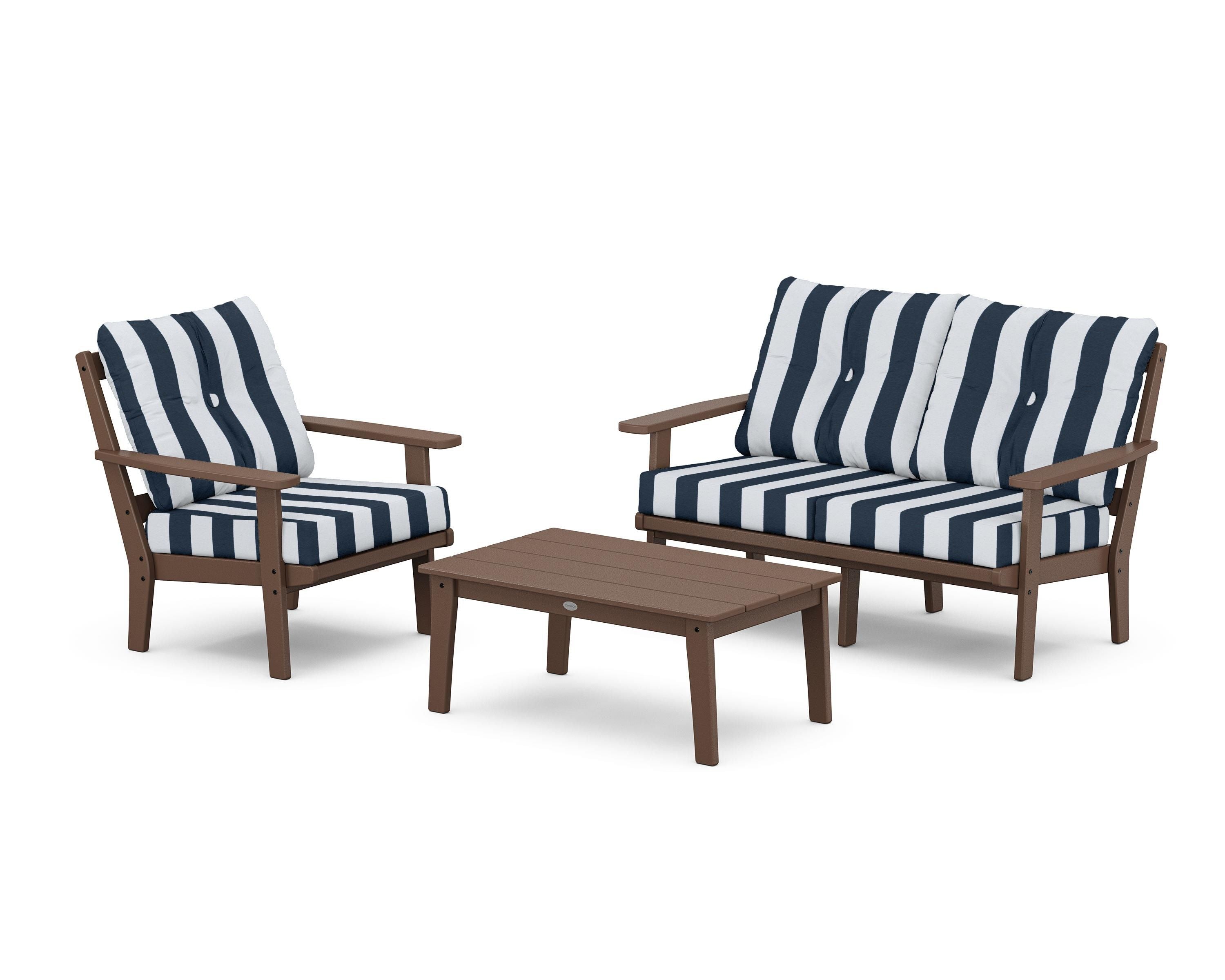 POLYWOOD® Oxford 3-Piece Deep Seating Set with Loveseat in Mahogany / Cabana Stripe Marine Indigo