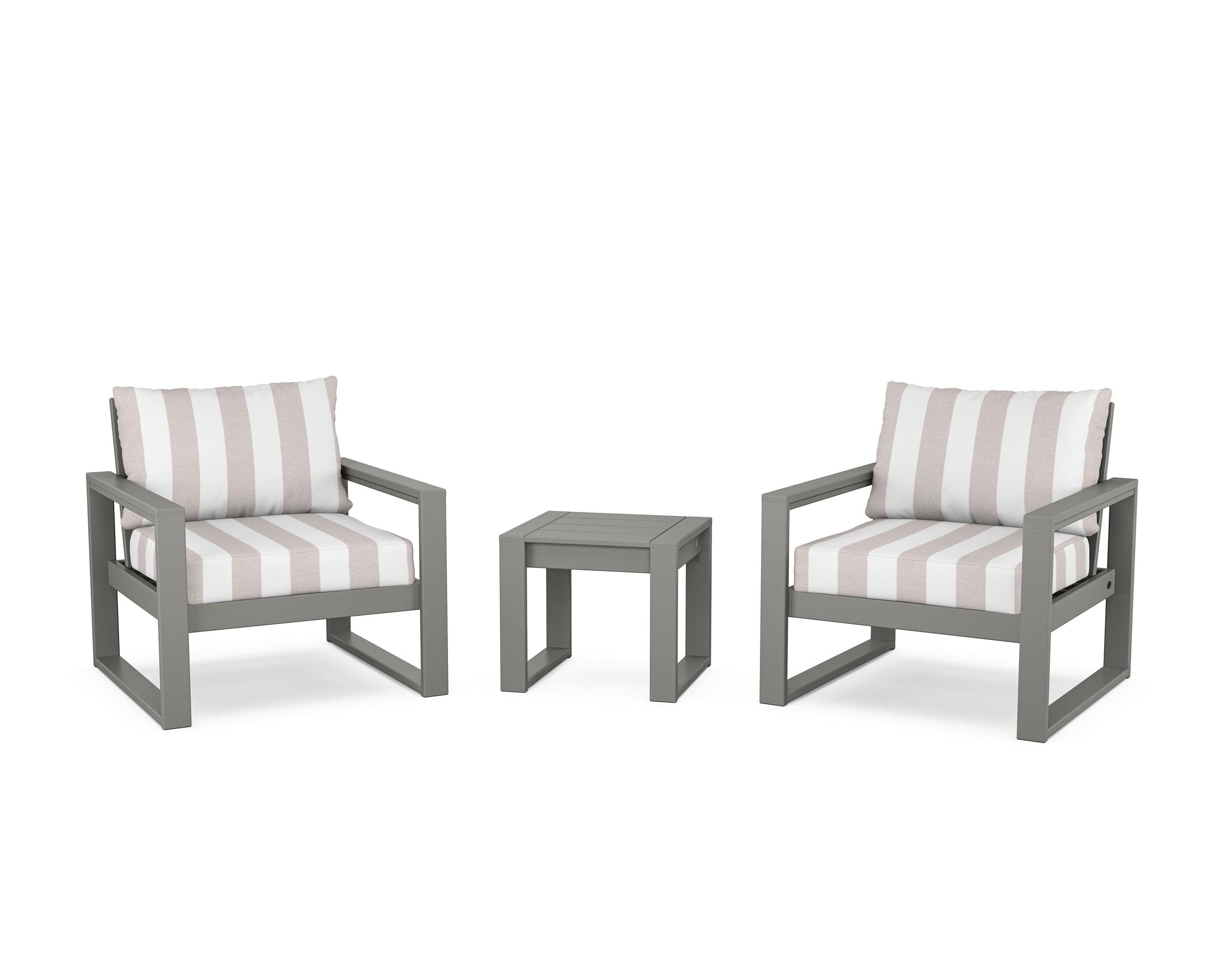 POLYWOOD® EDGE Sectional 3-Piece Deep Seating Set in Slate Grey / Cabana Stripe Dune Burlap