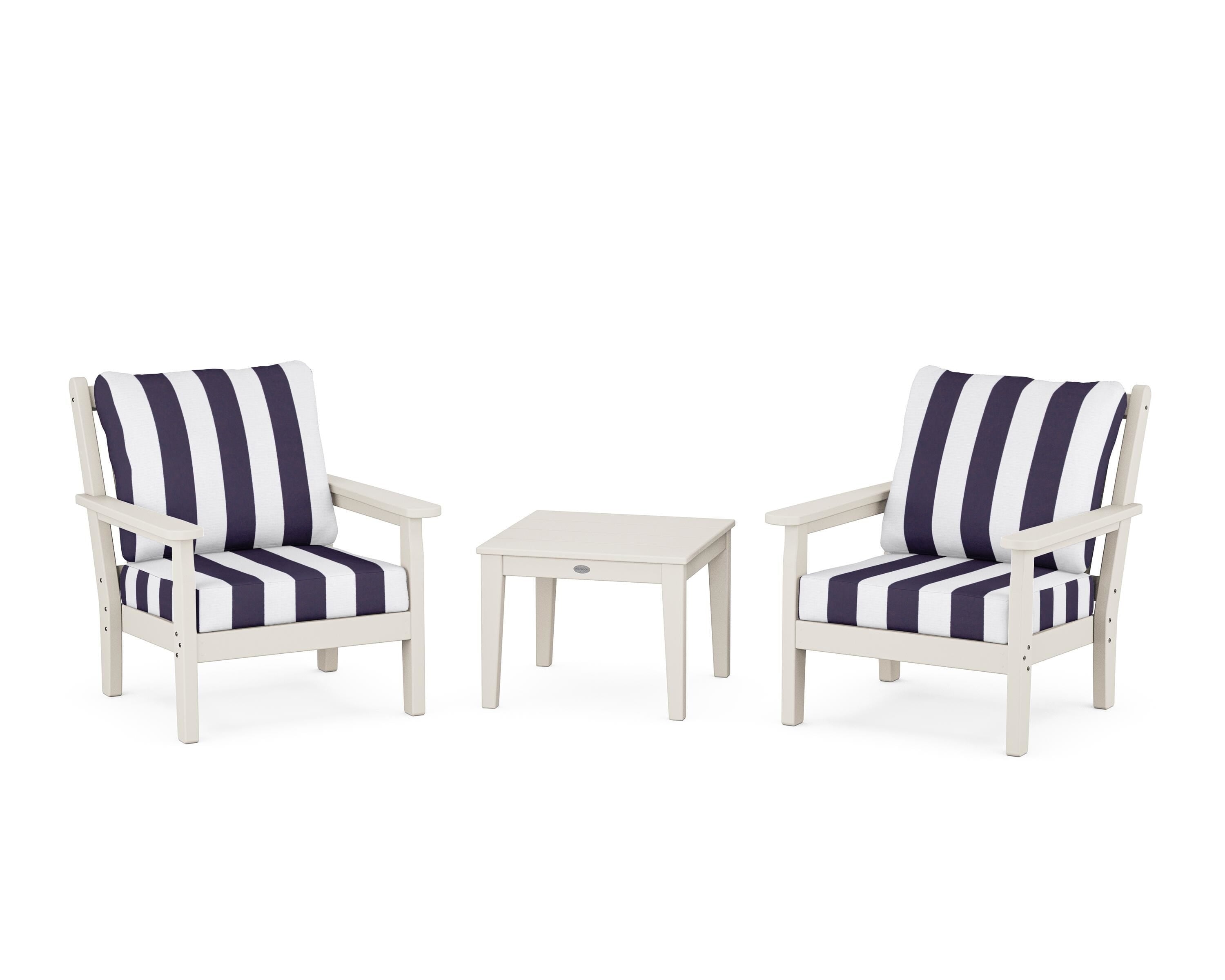 POLYWOOD® Chippendale 3-Piece Deep Seating Set in Sand / Cabana Stripe Navy
