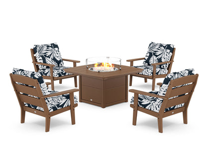 POLYWOOD® Lakeside 5-Piece Deep Seating Set with Nautical Fire Pit Table in Teak / Leaf Marine Indigo