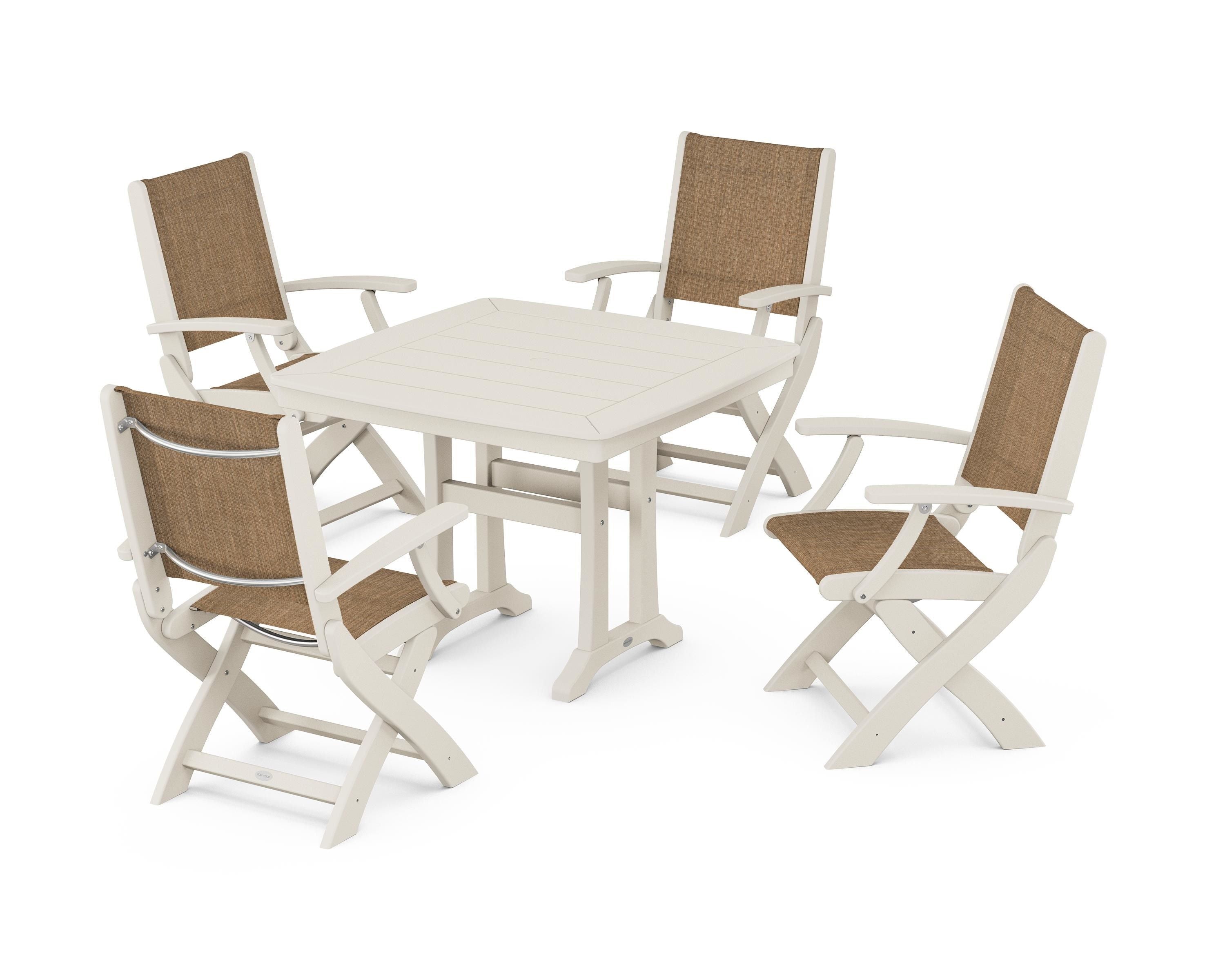 POLYWOOD® Coastal Folding Chair 5-Piece Dining Set with Trestle Legs in Sand / Burlap Sling